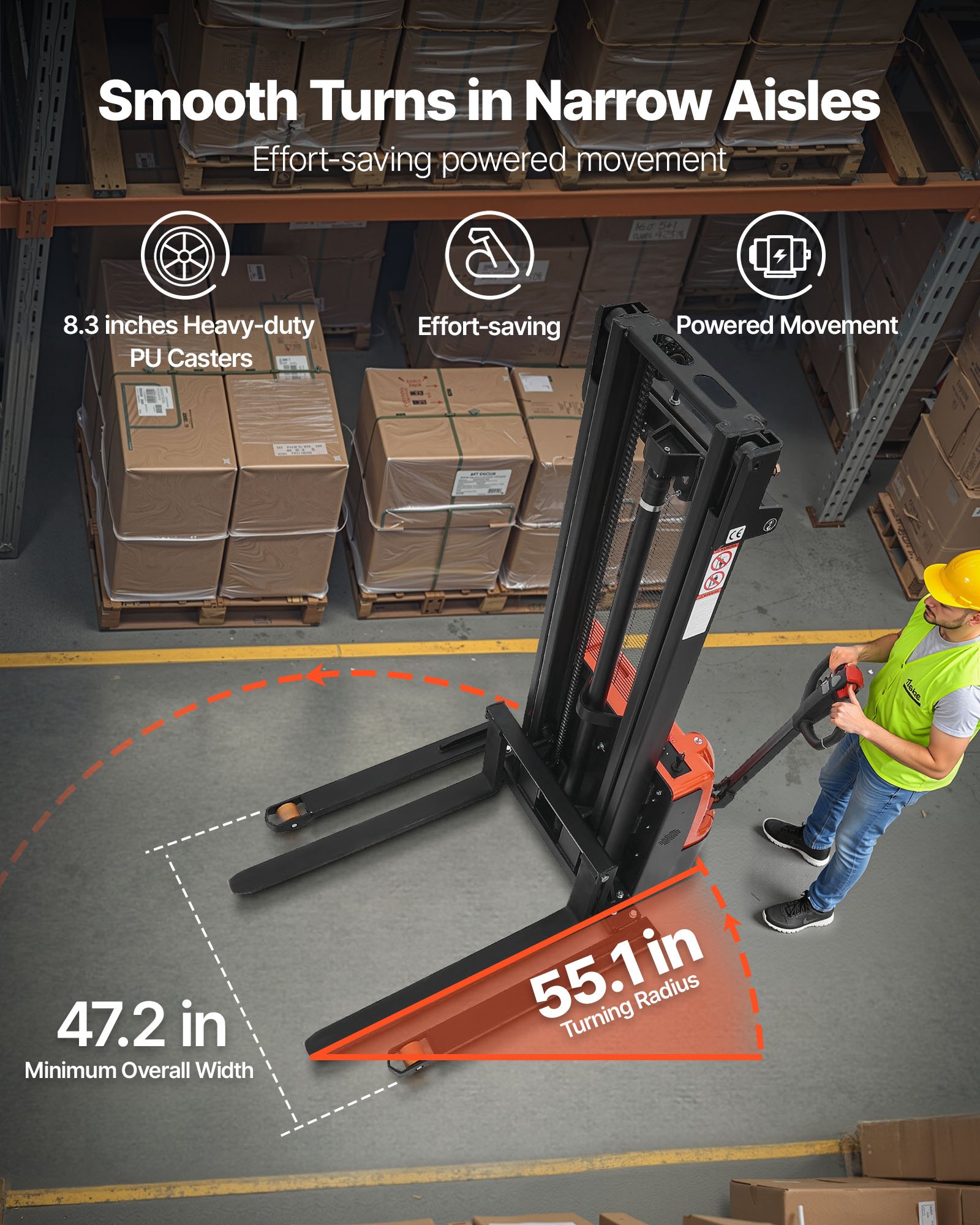 Full Electric Pallet Stacker, 3300 Lbs Capacity, Pallet Lift Stacker Forklift With Straddle Legs & Forks, 127.6 Inches Lifting Height & 8.66-31.1 Inches Adjustable Fork Width, Orange & Black