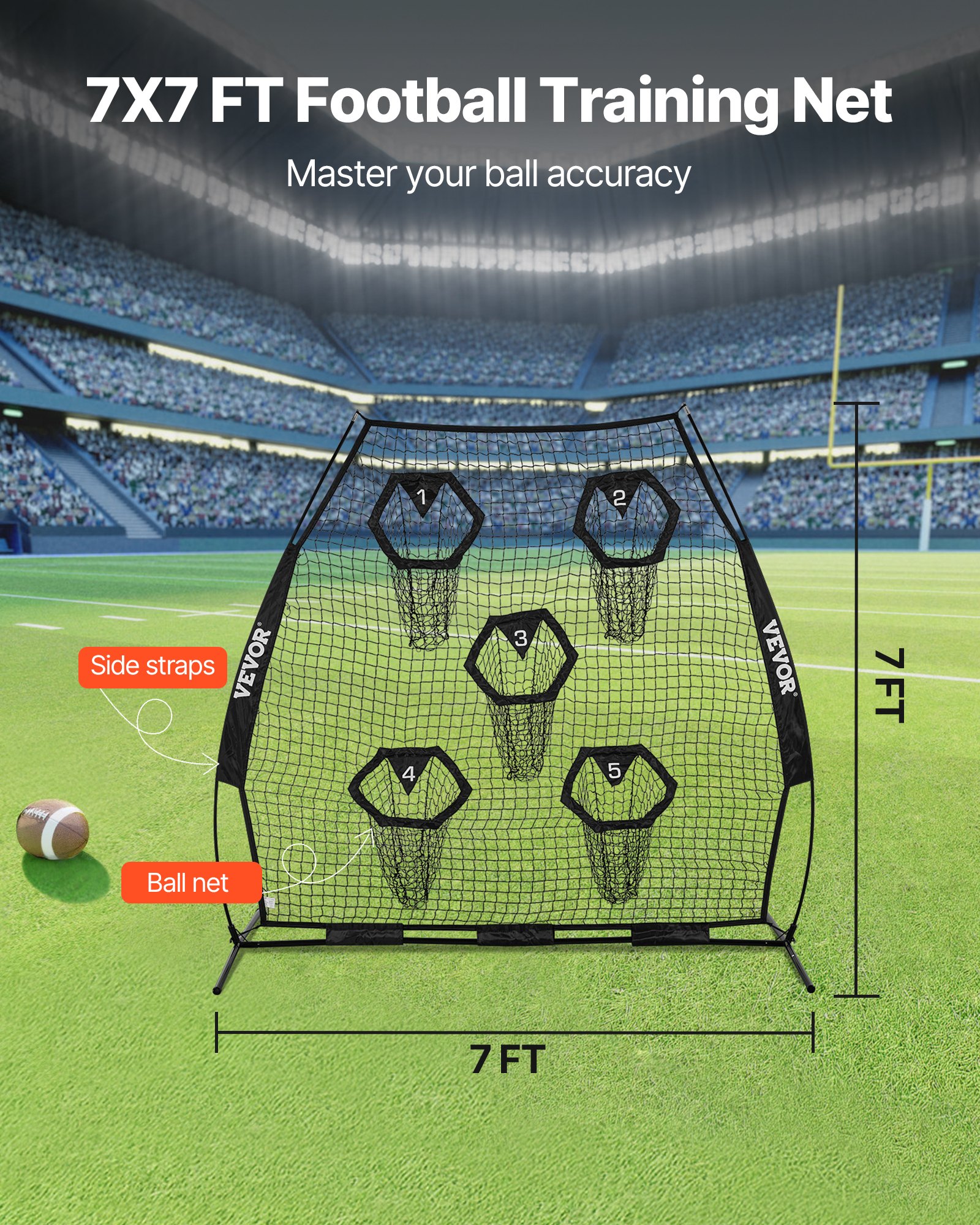 7 X 7 Ft Football Trainer Throwing Net, Training Throwing Target Practice Net With 5 Target Pockets, Knotless Net… - 4