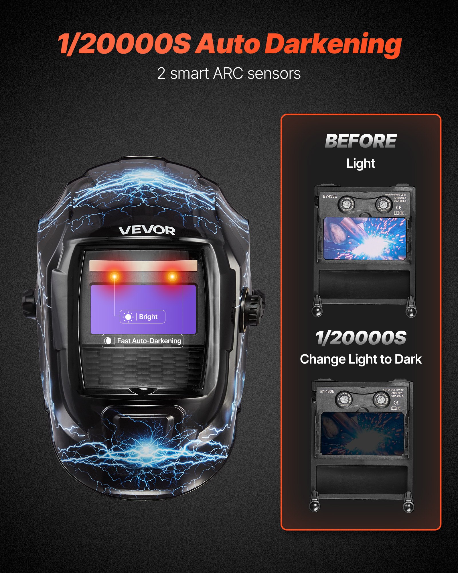 Welding Helmet Auto Darkening, 3.66" X 1.69" True Color Welding Hood, Solar Powered Welder Mask 2 Arc Sensors, Shade 4/9-13 For TIG MIG ARC Weld Grinding - CRIUS Series (Blue Lightning Pattern)