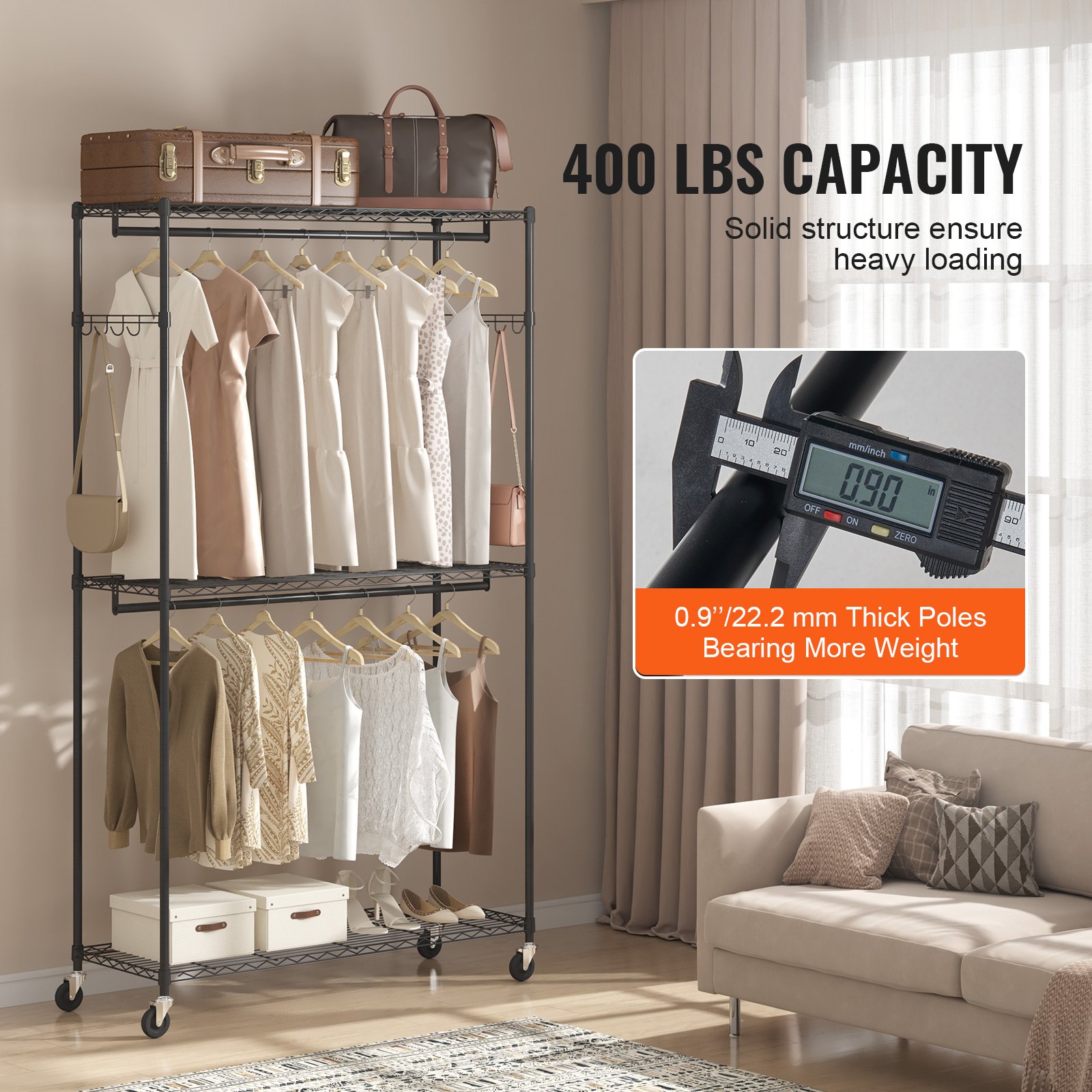 Heavy Duty Clothes Rack, Rolling Clothing Garment Rack With 3 Storage Tiers, 2 Rods And 2 Pairs Side Hooks, Adjustable Height Clothing Rack Closet For Hanging Clothes, 400 Lbs Load Capacity image 3