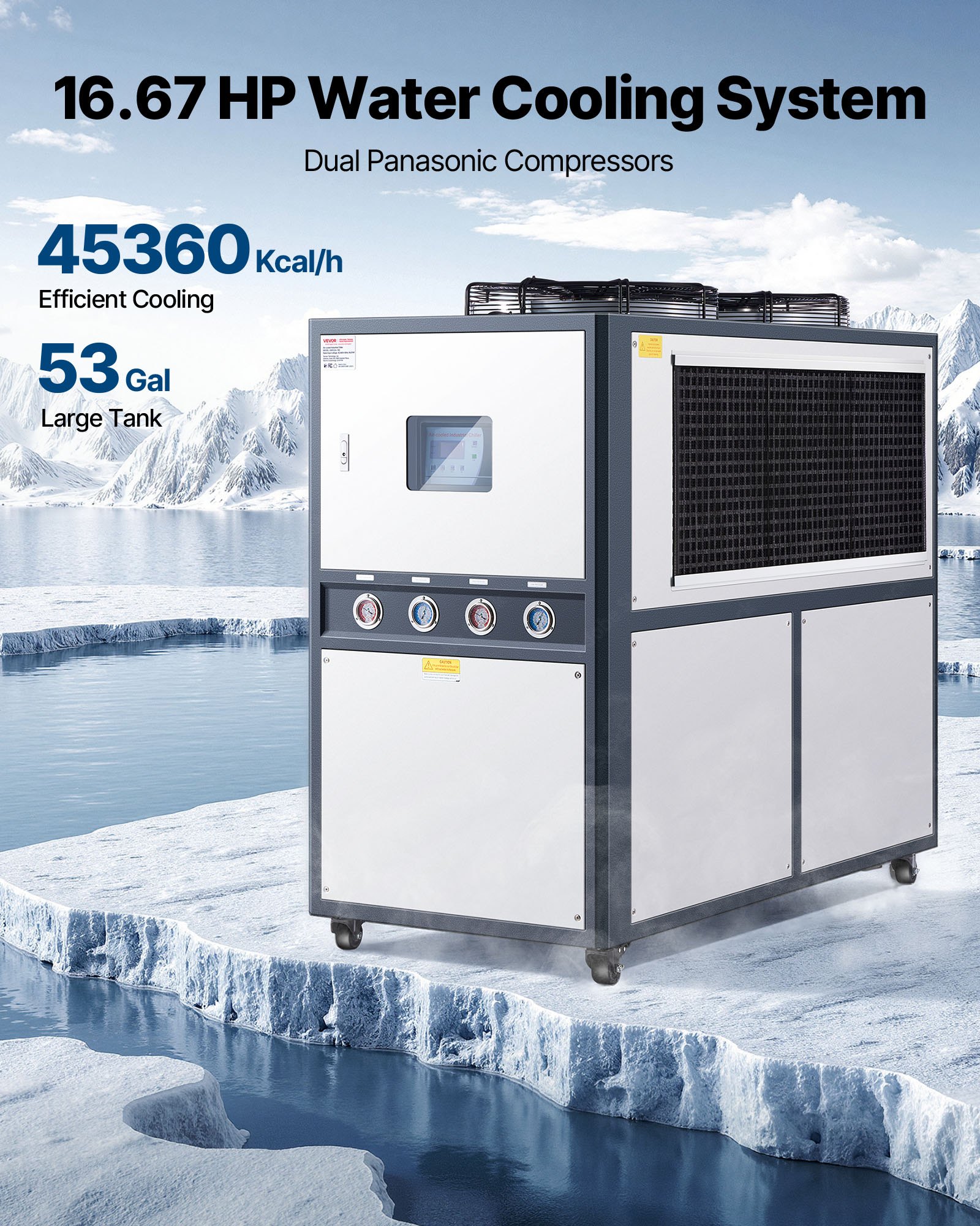 Air-Cooled Water Chiller, 16.67 HP, Industrial Water Chiller With 45,360 Kcal/h Cooling Capacity, Dual Compressor, 53 Gal Large Tank, LED Display, Cooler For Cooling Water, Not Air Conditioner