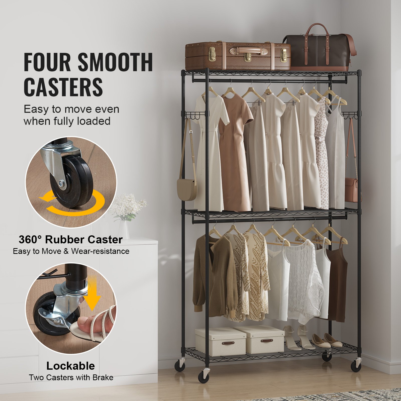 Heavy Duty Clothes Rack, Rolling Clothing Garment Rack With 3 Storage Tiers, 2 Rods And 2 Pairs Side Hooks, Adjustable Height Clothing Rack Closet For Hanging Clothes, 400 Lbs Load Capacity image 4