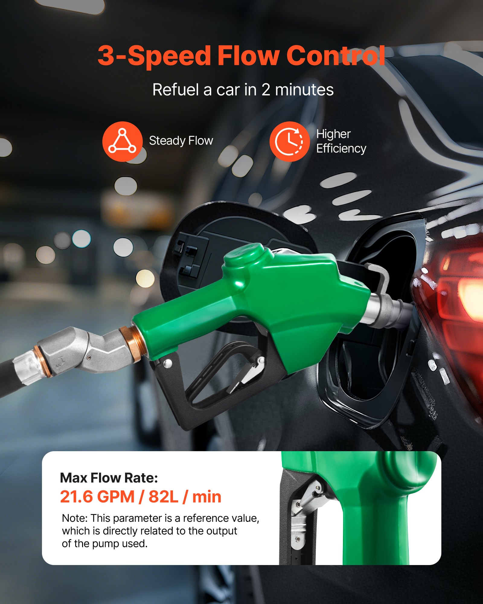 1 Inch NPT Automatic Fuel Nozzle, Max Flow Rate 21.6 GPM, Auto Shut Off Diesel Gas Pump Nozzle With 3-Speed Trigger Lock & 1-3/16 In (OD=30.1 Mm) Spout For Gasoline, Diesel, Kerosene, Green