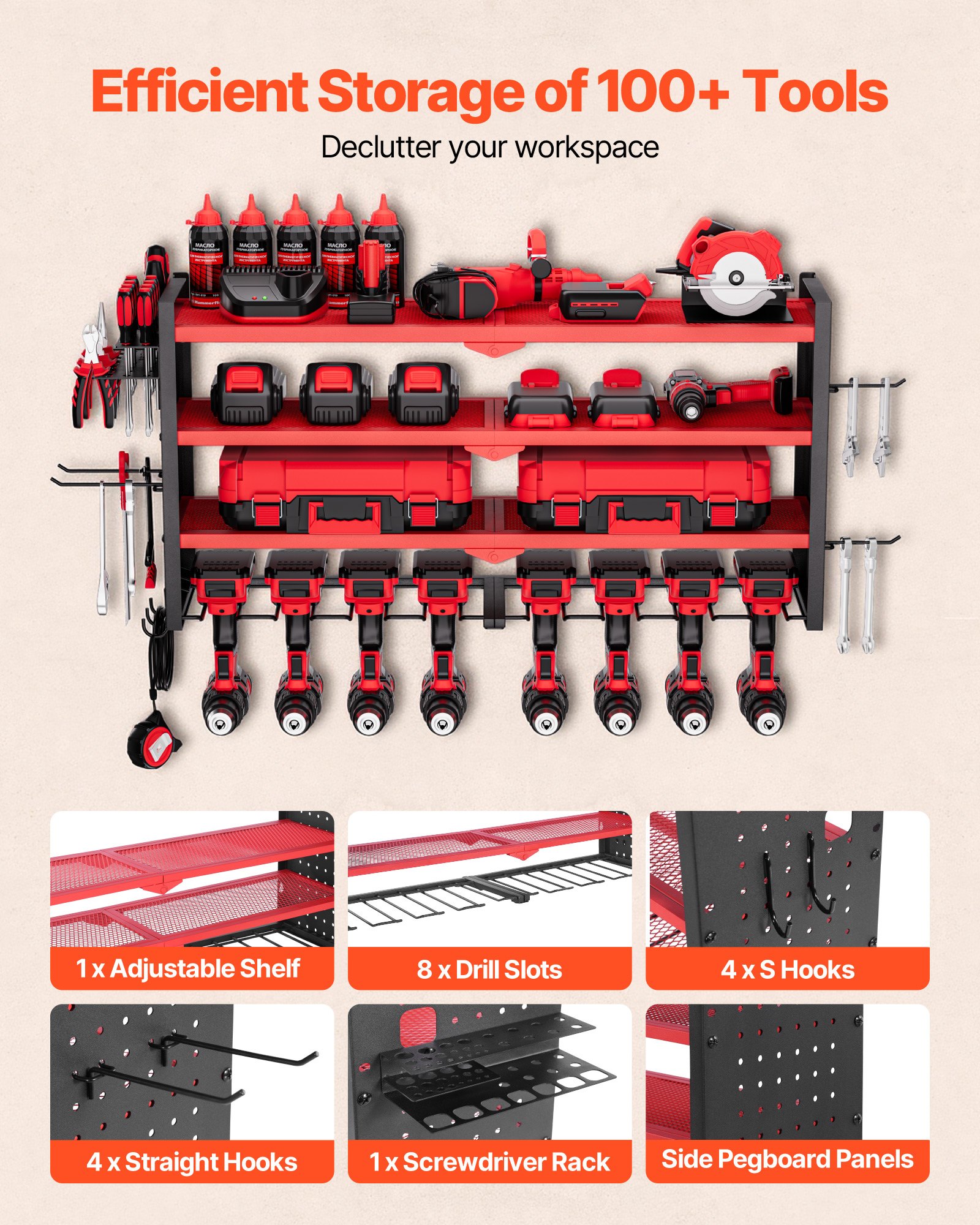 Power Tool Organizer Wall Mount, 4-Layer Storage Rack With 8 Drill Holders, Tools Holder And Storage Rack With Side… - 4