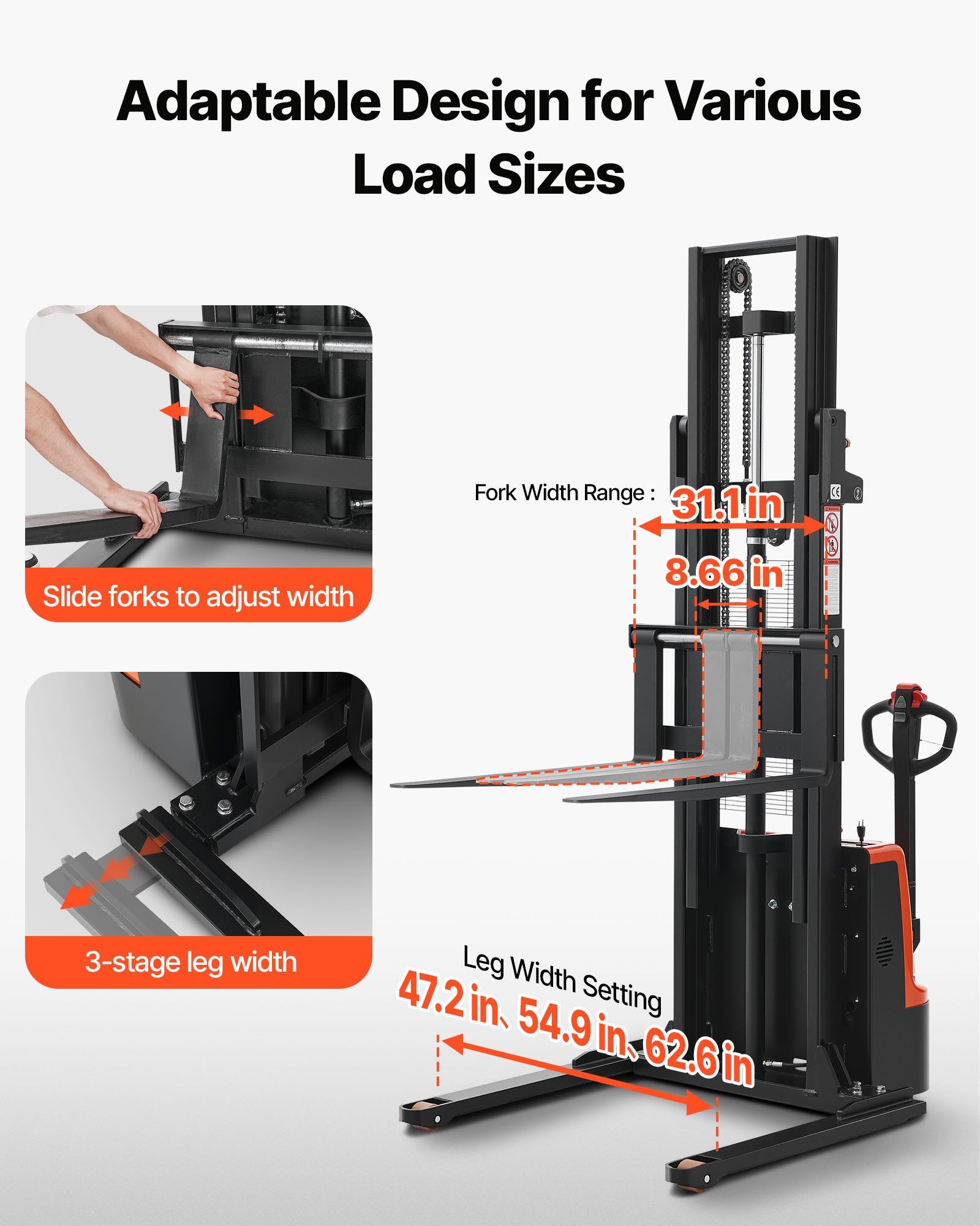 Full Electric Pallet Stacker, 3300 Lbs Capacity, Pallet Lift Stacker Forklift With Straddle Legs & Forks, 96.06 Inches Lifting Height & 8.66-31.1 Inches Adjustable Fork Width, Orange & Black