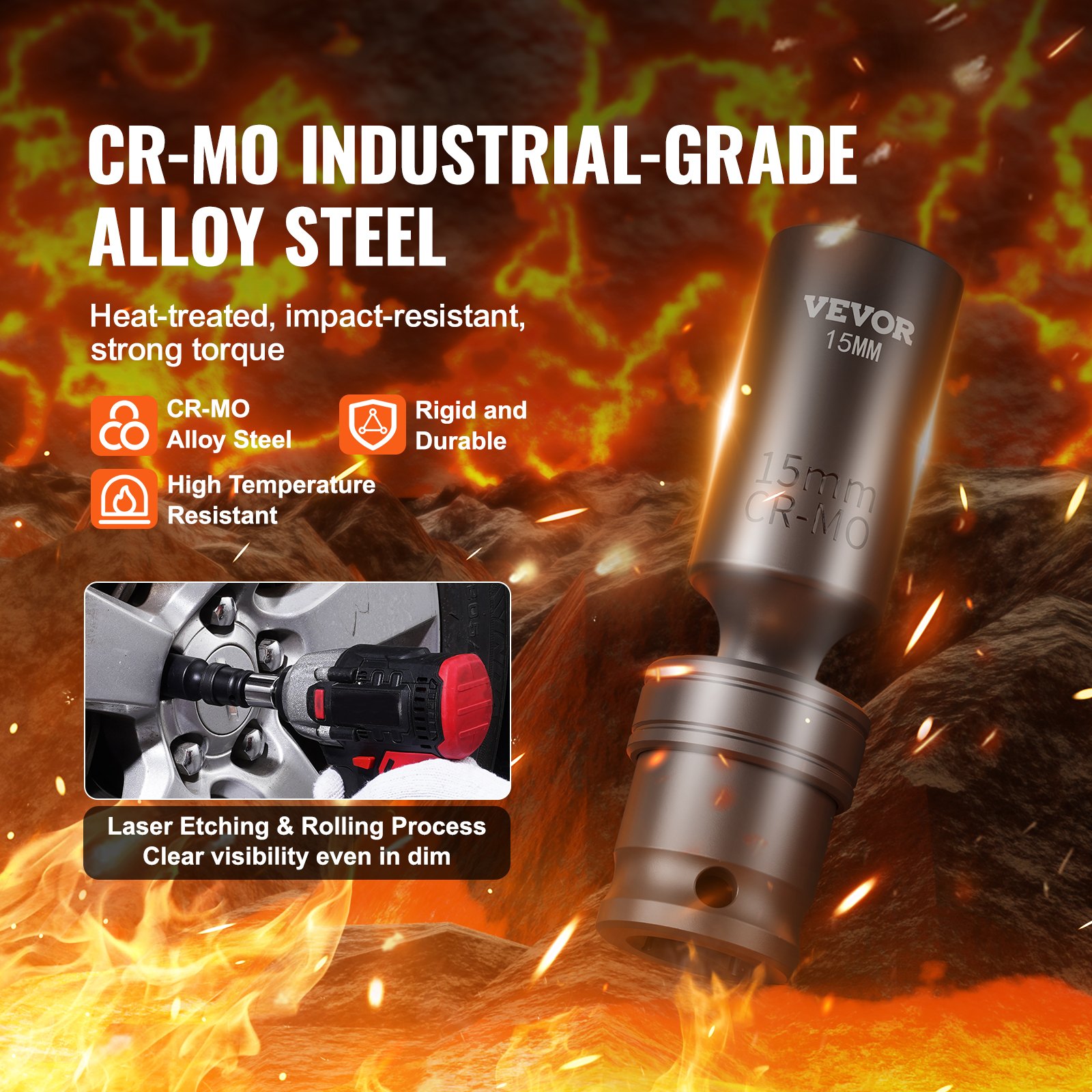 360 Degree Swivel Impact Socket Set, 3/8" Socket Set 14PCS Deep Universal Metric 10-19mm, 6 Point Cr-Mo Alloy Steel For Auto Repair, Easy-to-Read Size Markings, Rugged Construction, Storage Case