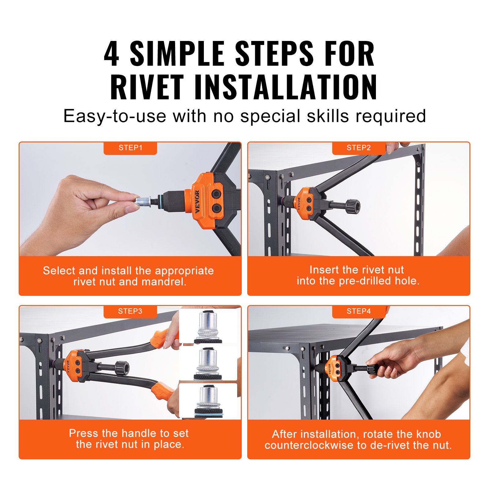 16" Rivet Nut Tool, Labor-Saving Rivnut Tool Kit With 13PCS Metric & SAE Mandrels, 186PCS Rivet Nuts,M3, M4, M5, M6, M8, M10, M12, 1/4-20, 5/16-18, 3/8-16,1/2-13, 8-32, 10-24 With Carrying Case image 5