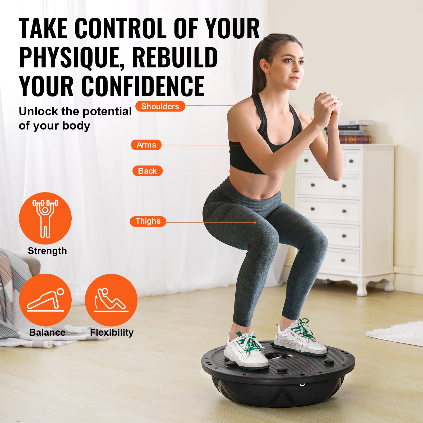 Half Exercise Ball Trainer, 23 Inch Balance Ball Trainer, 660 Lbs Capacity Stability Ball, Yoga Ball With Resistance Bands And Pump, Strength Fitness Ball For Home Gym, Full Body Workouts, Black image 3