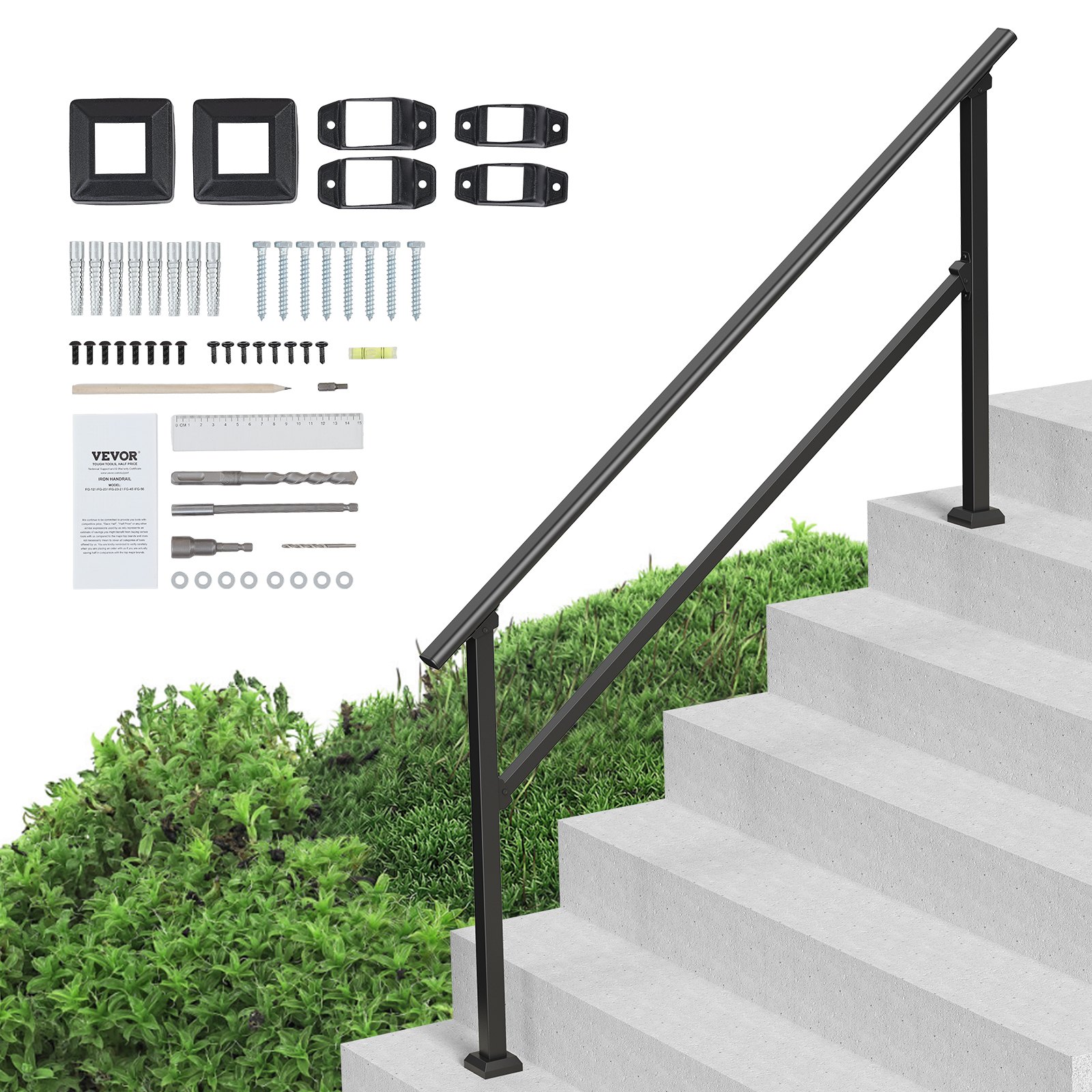 Handrails For Outdoor Steps, 5 Step Stair Hand Rail Kit, Transitional Carbon Steel Railings With Installation Kit,… - 2