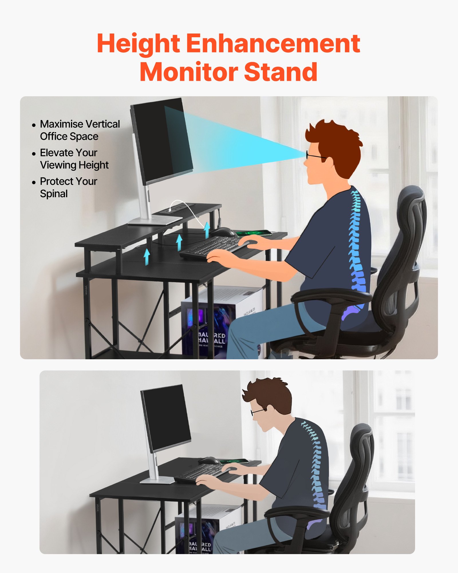47" Gaming Desk With LED Lights & Power Outlets, Computer Desk With Monitor Stand & 2-Tier Storage Sheves, Study Work For Home Office, Black 2