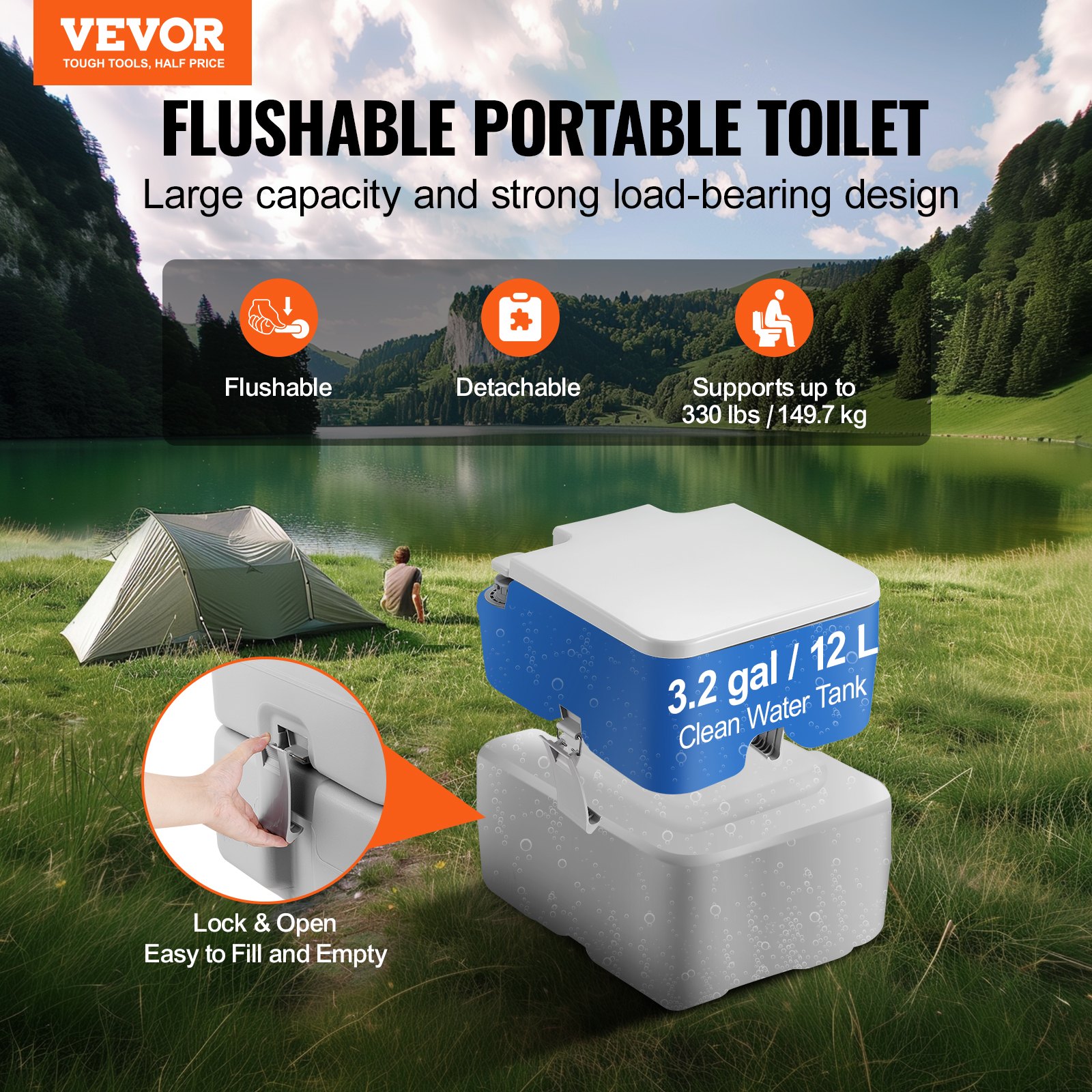 Portable Toilet For Camping, Porta Potty With Carry Bag, 5.3 Gal Waste Tank & 3.2 Gal Flush Tank, Push-Button… - 3