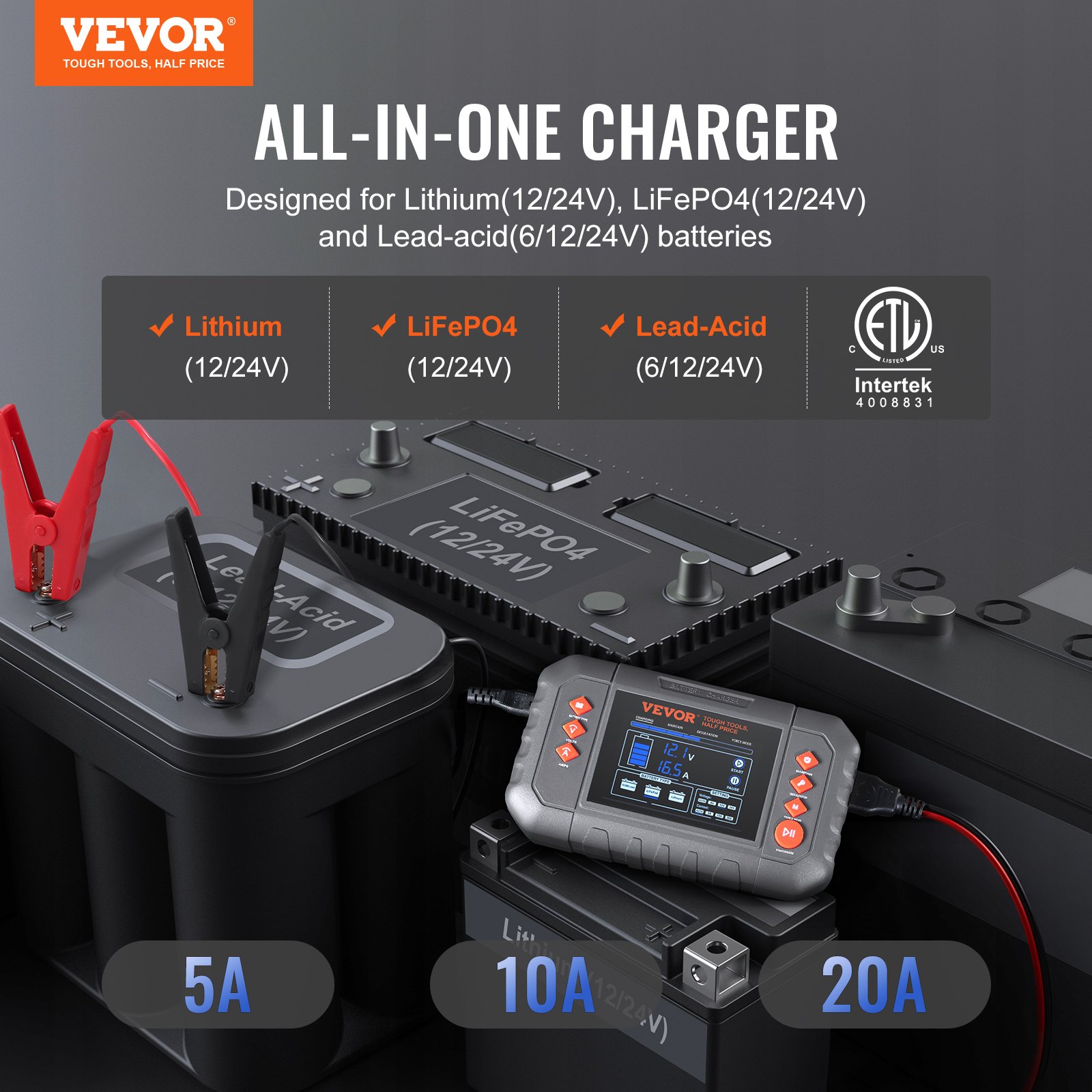 Smart Battery Charger, 20-Amp, Lithium LiFePO4 Lead-Acid (AGM / Gel / SLA) Car Battery Charger With LCD Display,… - 3