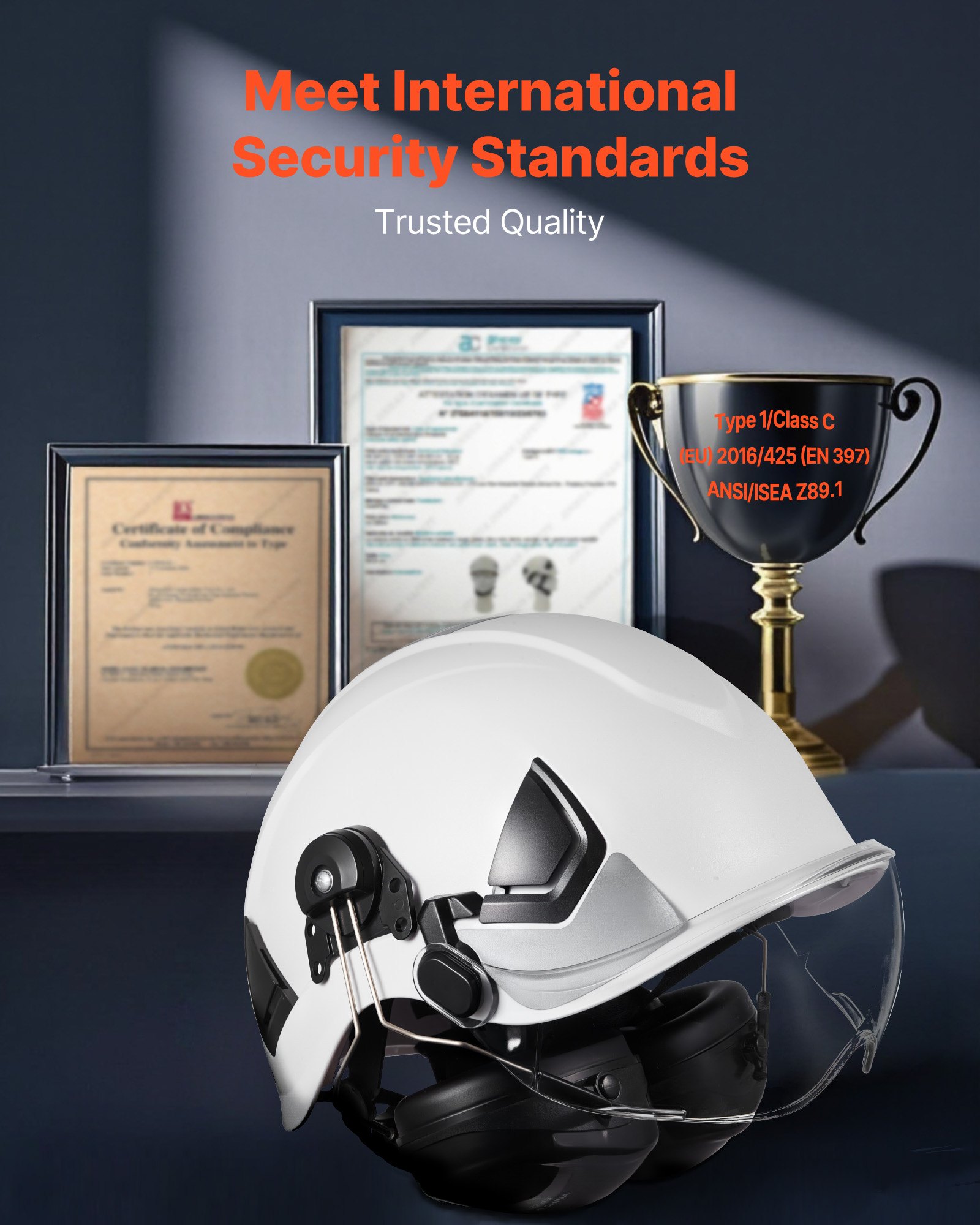 Industrial Safety Helmet, ANSI/ISEA Z89.1 Approved ABS Hard Hat With Visor & Earmuffs, 6-Point Ratchet Suspension, Adjustable Vented Hardhat For Men & Women, For Outdoor Construction Workwear