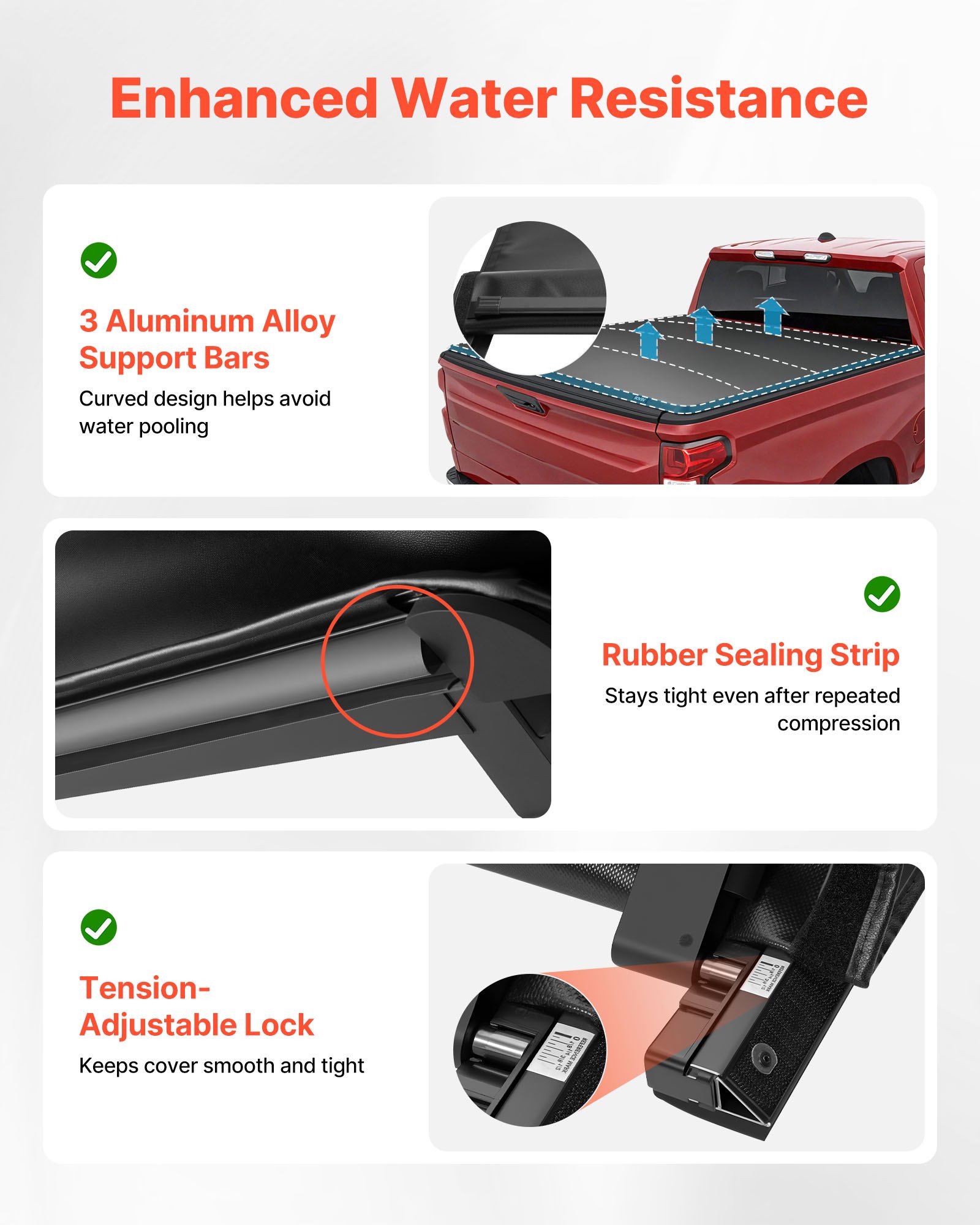 Close-up of aluminum alloy support bars and PVC canvas on Vevor Silverado Sierra tonneau cover