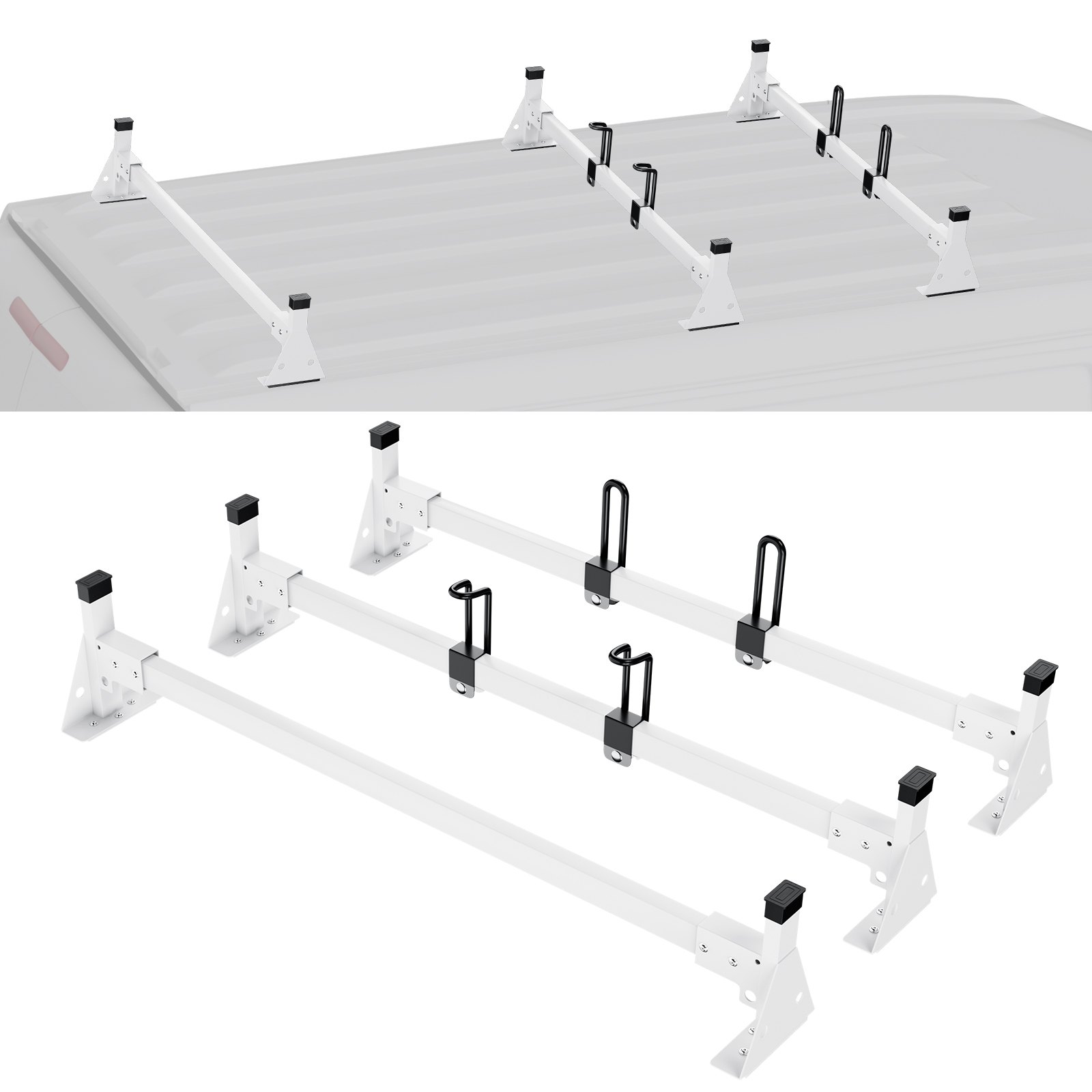 Trailer Ladder Rack, 54" 3 Crossbars Ladder Roof Rack, Heavy-duty Steel Van Roof Ladder Rack, 800 Lbs Capacity Van Ladder Rack With Straps, Fit For Ford Transit 150, 250, 350, 2015-2022