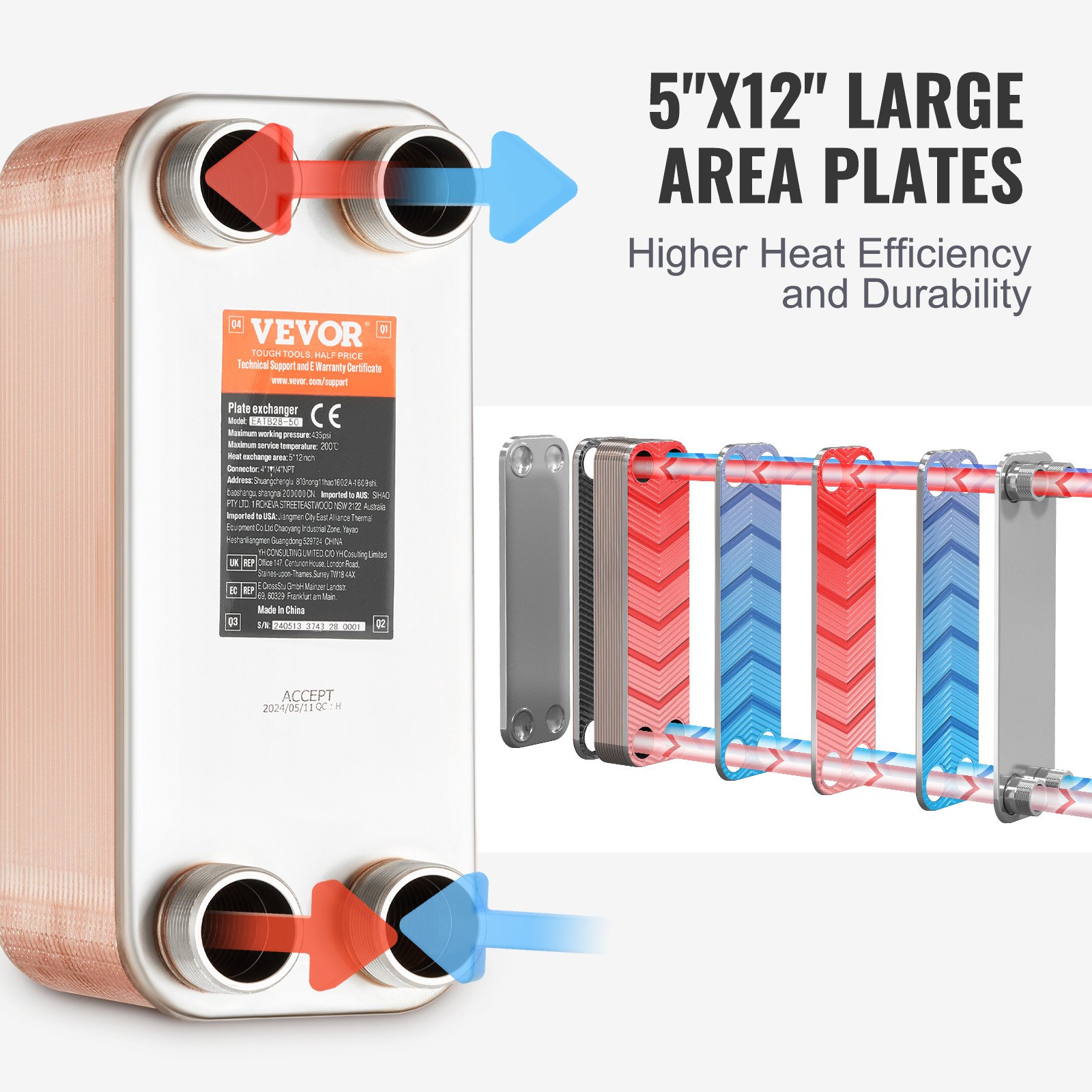 Heat Exchanger, 5"x 12" 50 Plates Brazed Plate Heat