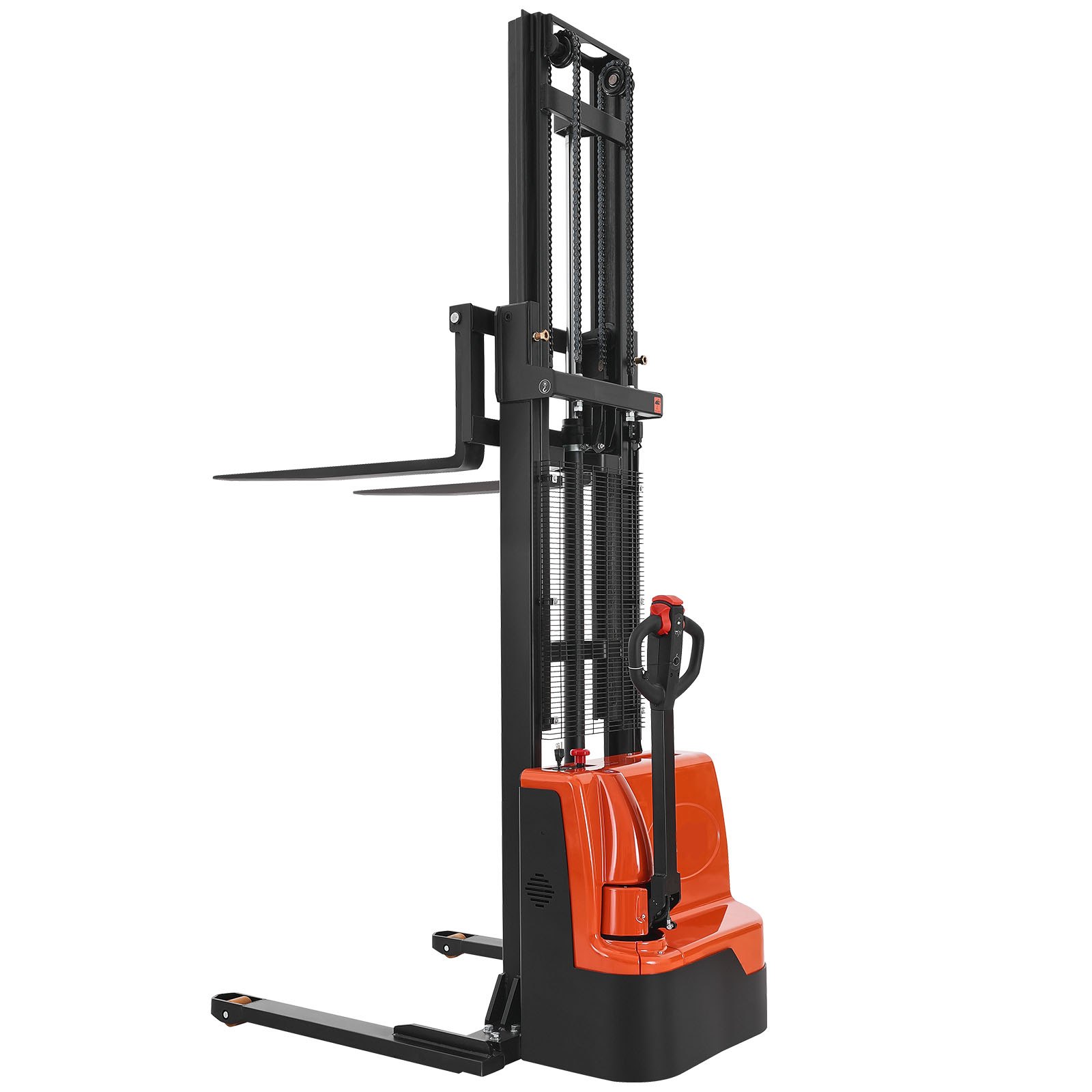 Full Electric Pallet Stacker, 3300 Lbs Capacity, Pallet Lift Stacker Forklift With Straddle Legs & Forks, 127.6 Inches Lifting Height & 8.66-31.1 Inches Adjustable Fork Width, Orange & Black