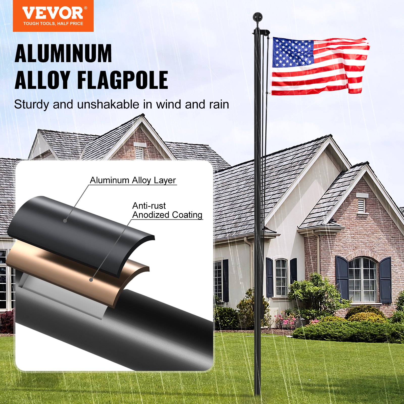 30FT Sectional Flag Pole Kit, Heavy Duty Aluminum Alloy In Ground Flag Poles For Outside, 3 Display Modes Flagpole With 3x5 American Flag, Professional Accessories, Black