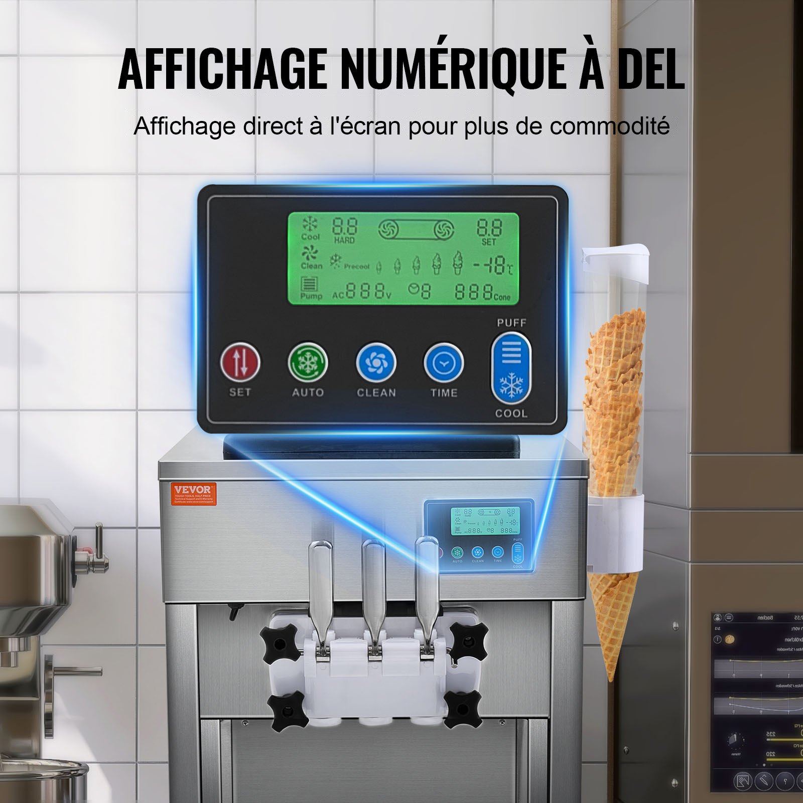 Commercial Ice Cream Machine, 21 QT/H Yield, 1800W 3-Flavor Countertop Soft Serve Ice Cream Maker, 2 X 4L Hopper 2 X 1.8L Cylinder, LCD Panel Auto Clean Pre-cooling, For Restaurant Snack Bar
