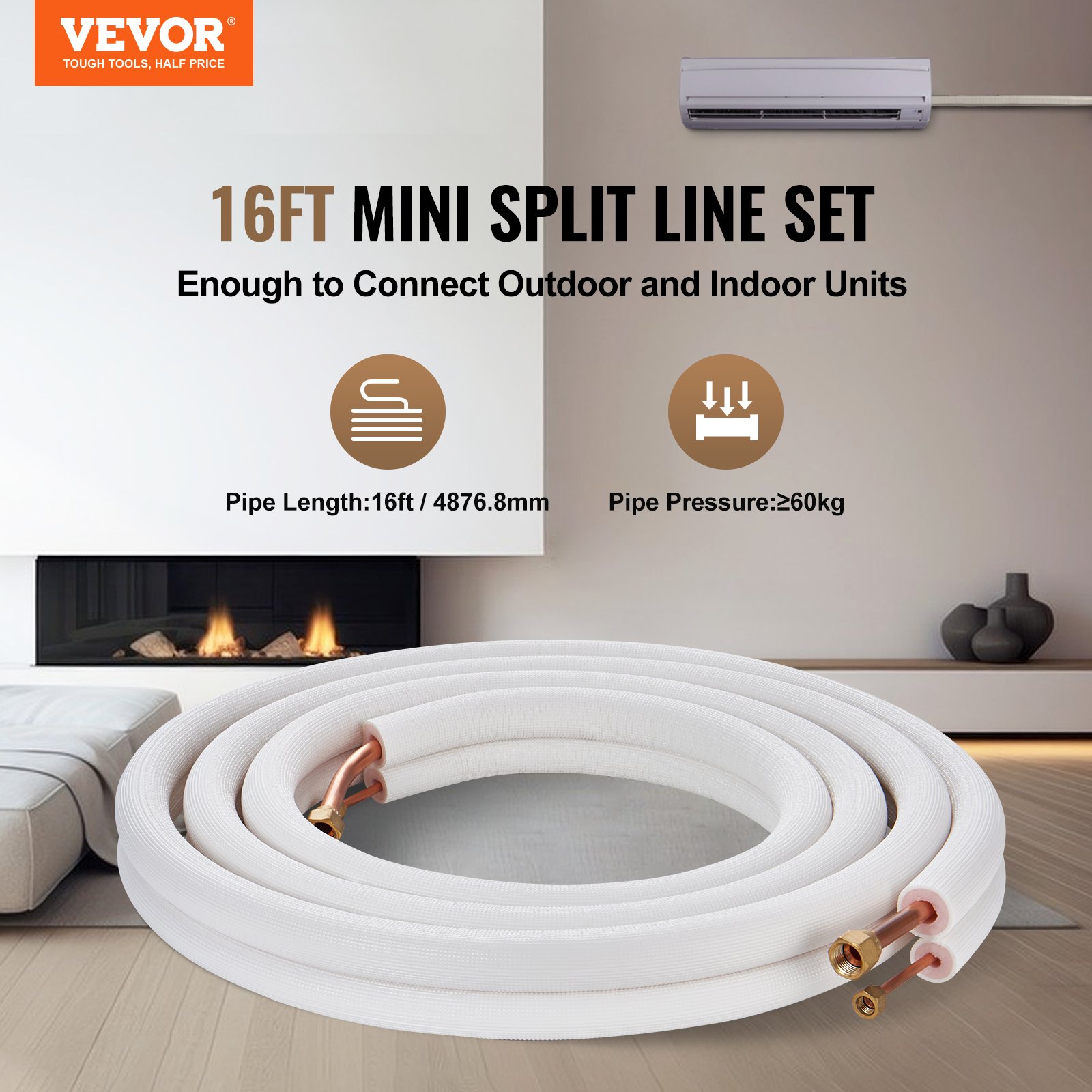 16FT Mini Split Line Set, 1/4" & 1/2" O.D Copper Pipes Tubing And Triple-Layer Insulation, For Air Conditioning Or Heating Pump Equipment & HVAC With Rich Accessories (18ft Connection Cable)