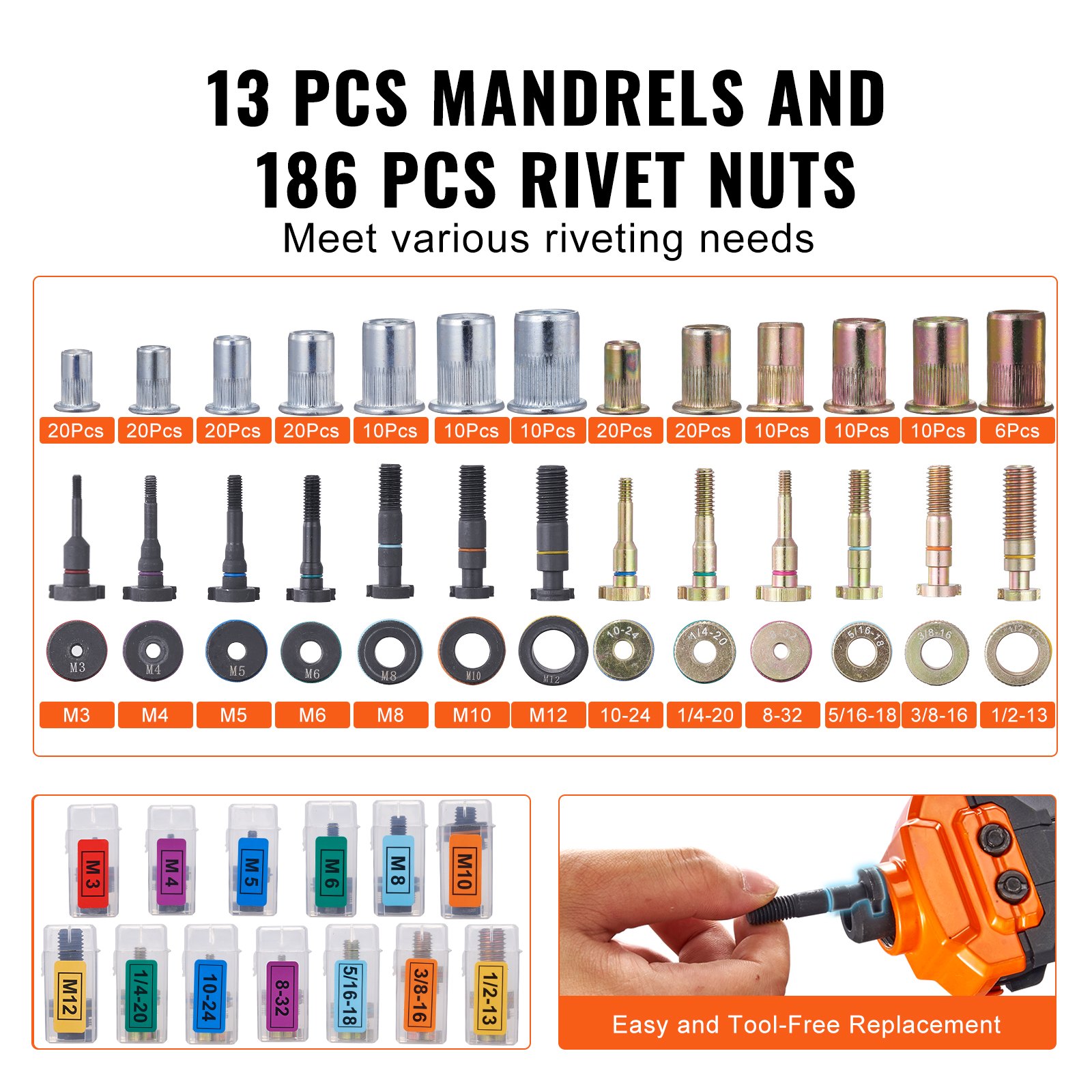 16" Rivet Nut Tool, Labor-Saving Rivnut Tool Kit With 13PCS Metric & SAE Mandrels, 186PCS Rivet Nuts,M3, M4, M5, M6, M8, M10, M12, 1/4-20, 5/16-18, 3/8-16,1/2-13, 8-32, 10-24 With Carrying Case image 4