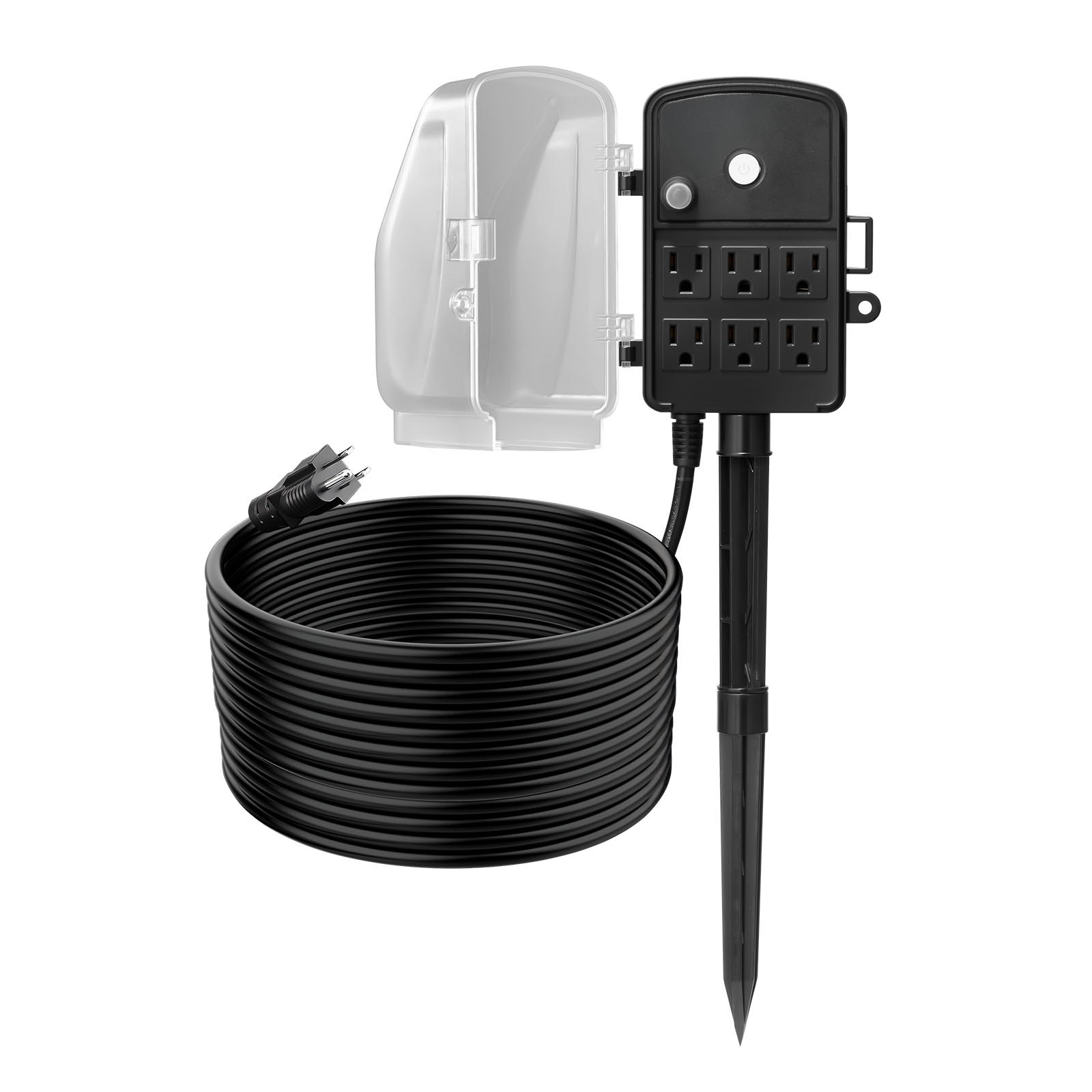 Outdoor Power Stake, 25 FT Extension Cord, Outdoor Power Strip Weatherproof With Cover And Overload Protection, 6 Outlets, 15A, 1875W, Waterproof Multi-Outlet Yard Stake For Christmas Lights