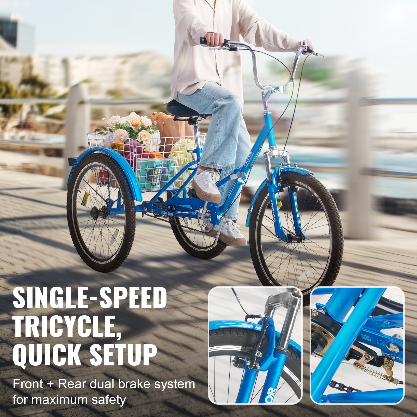 Folding Adult Tricycle, 24-Inch Adult Folding Trikes, Carbon Steel 3 Wheel Cruiser Bike With Large Basket & Adjustable Seat, Shopping Picnic Foldable Tricycles For Women, Men, Seniors (Blue)