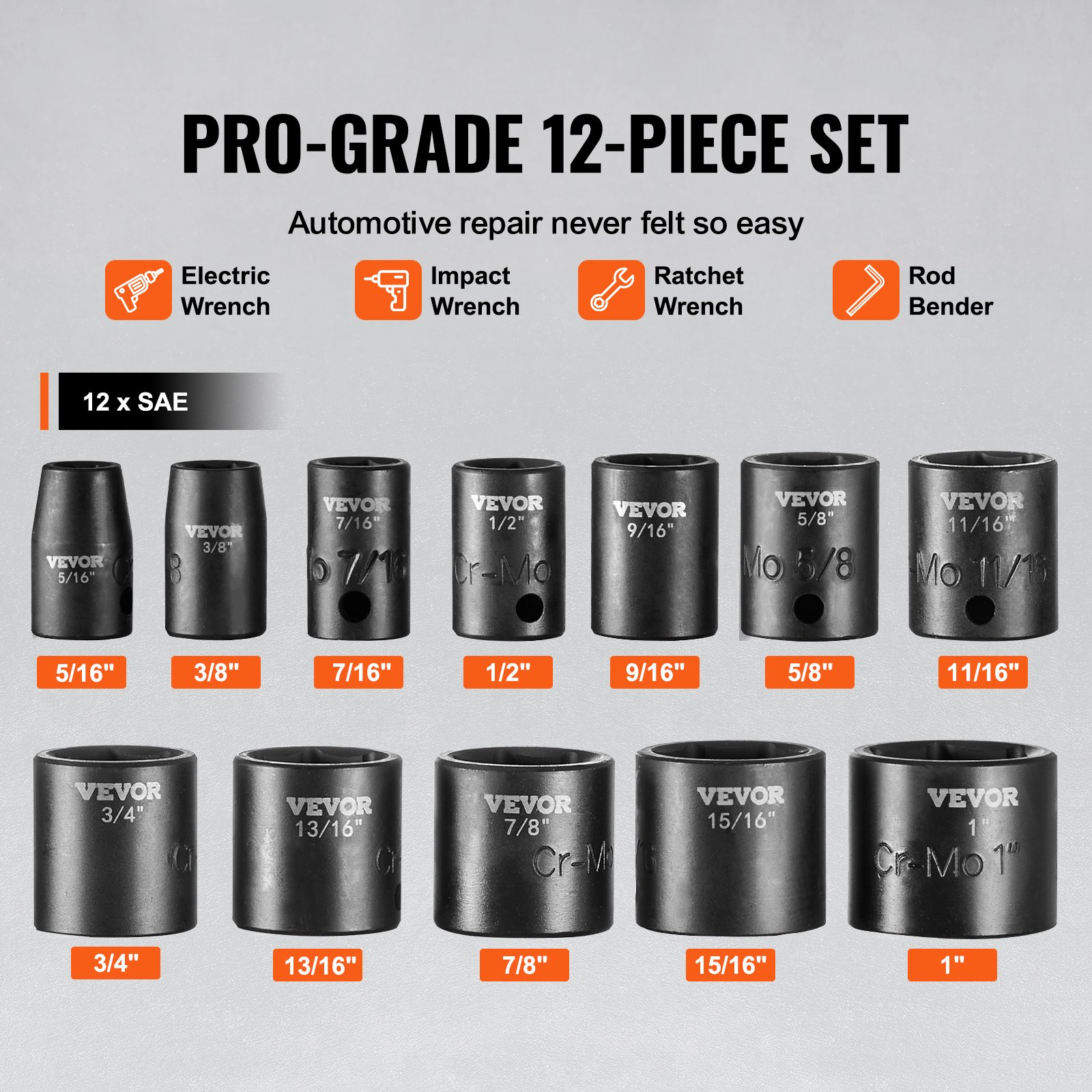 3/8" Drive Impact Socket Set, 12 Piece Shallow Socket Set SAE 5/16"-1", 6 Point Cr-Mo Alloy Steel For Auto Repair, Easy-to-Read Size Markings, Rugged Construction, Includes Storage Case
