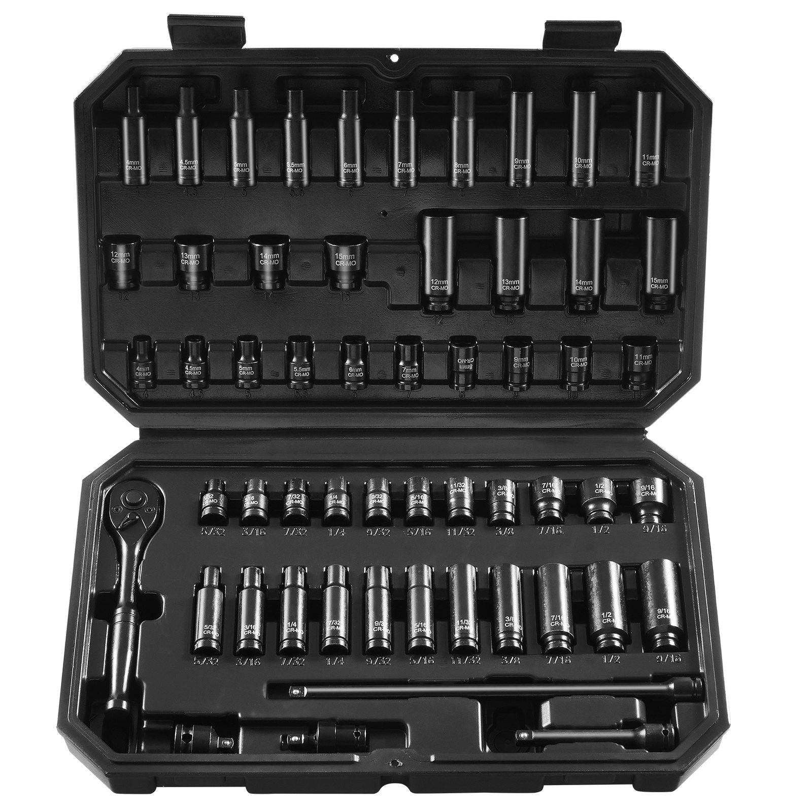 Drive Impact Socket Set 1/4" - 55 Piece Deep & Shallow Socket Set SAE 5/32"-9/16" And Metric 4-15mm - 6 Point CR-V Alloy Steel For Auto Repair - Easy-to-Read Size Markings - Storage Case - Image 1