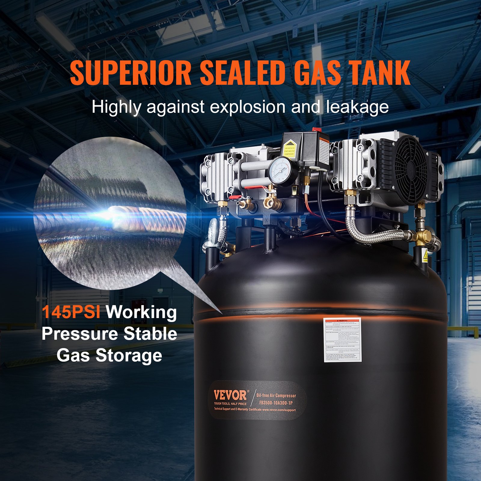 80 Gallon Air Compressor, 6.5HP 15.5SCFM@90 PSI, 145PSI Oil Free Stationary Air Compressor Tank, 86dB Ultra Quiet Compressor For Industrial Manufacturing, Construction Sites, Auto Repair