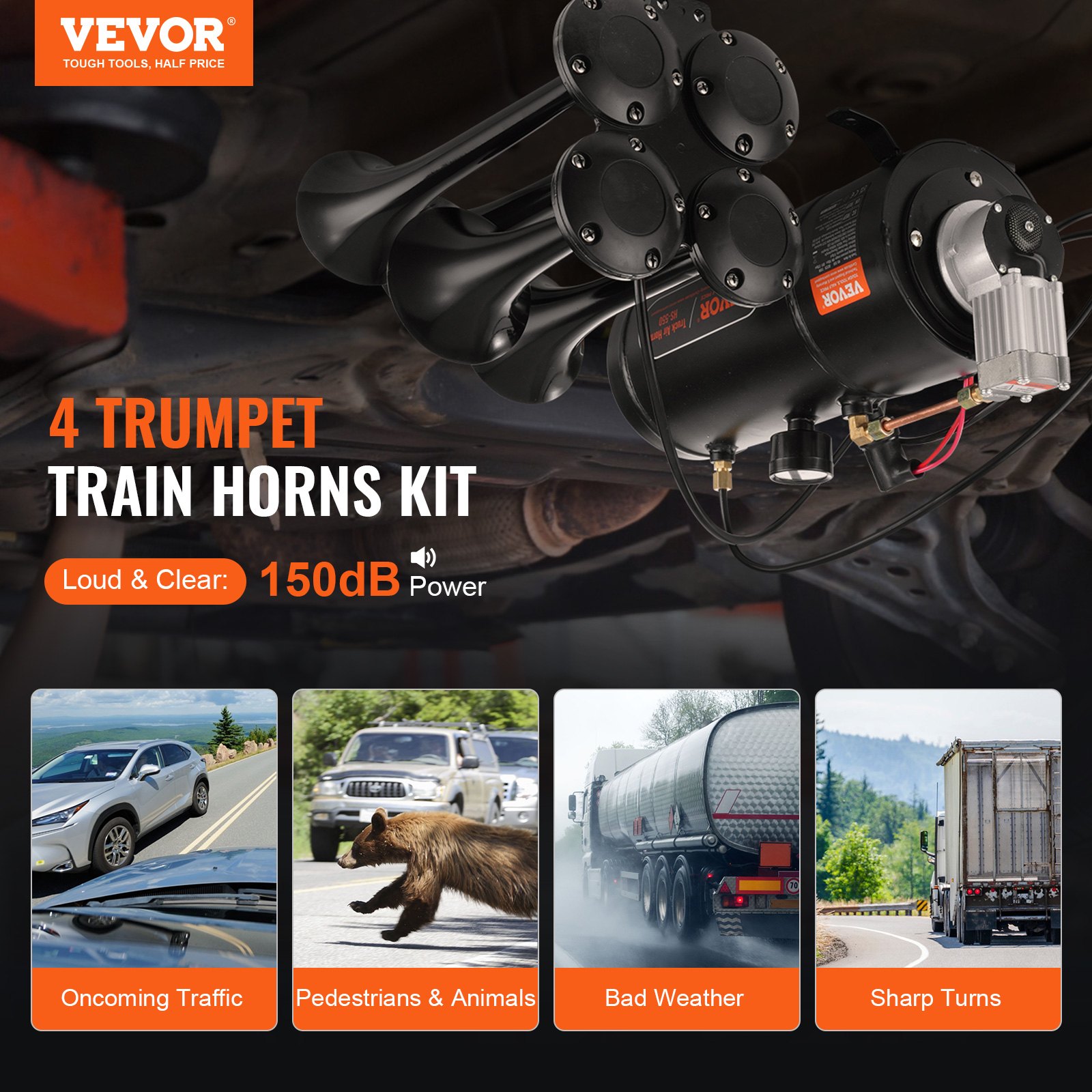 Train Horns Kit, 4 Trumpet Air Horn Kit, 150dB Train Horns For Pickup Trucks, 12V 120 Psi Air Compressor… image 2