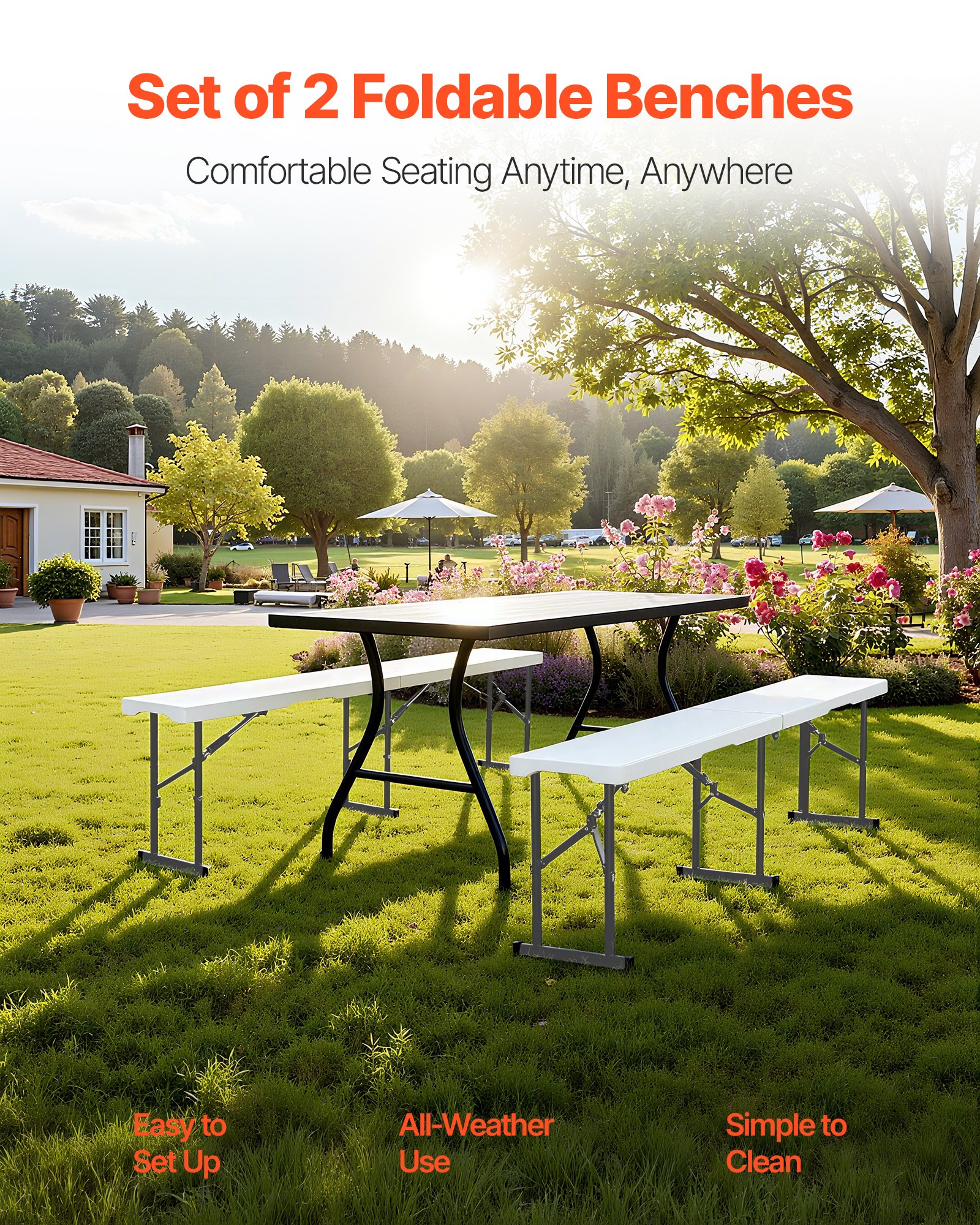 Plastic Folding Bench, 6 Ft Portable Bench For Indoor/Outdoor Picnic Party Patio Camping Dining, Foldable Smooth HDPE Seat For Garden Soccer Multipurpose Entertaining Activities, 2 Pack, White image 2