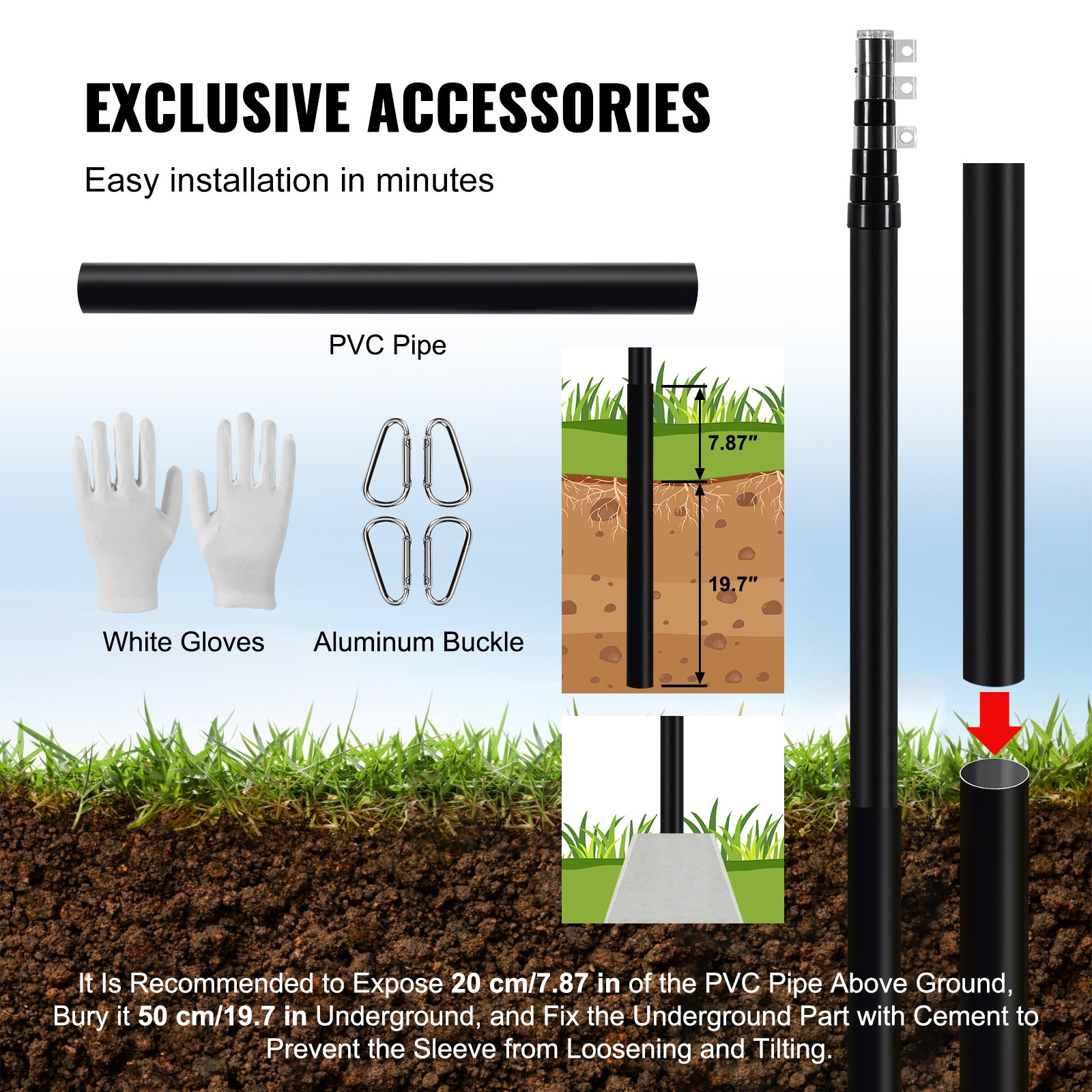 20FT Telescoping Flag Pole Kit, Heavy Duty Aluminum Alloy In Ground Flag Poles For Outside, 3 Display Modes Flagpole With 3x5 American Flag, Professional Accessories, Black