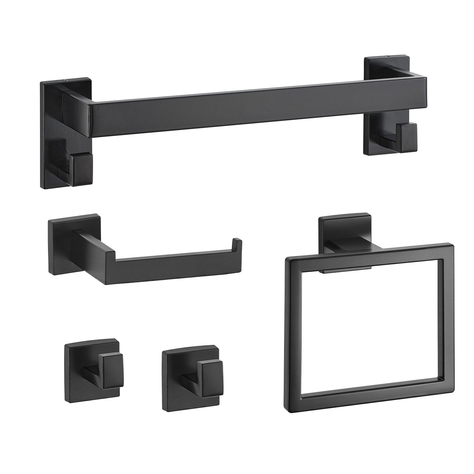 Matte Black Bathroom Hardware Set, 5 Pieces Bathroom Accessories Set, Stainless Steel 16 Inch Towel Bar, Towel Rack, 2 Robe Towel Hooks, Toilet Paper Holder For Bath Room, Wall Mounted - Image 1