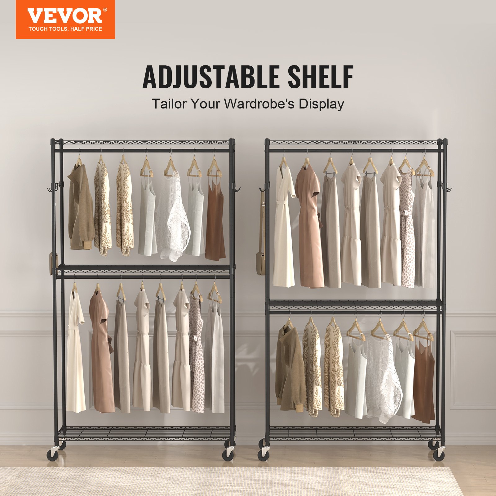 Heavy Duty Clothes Rack, Rolling Clothing Garment Rack With 3 Storage Tiers, 2 Rods And 2 Pairs Side Hooks, Adjustable Height Clothing Rack Closet For Hanging Clothes, 400 Lbs Load Capacity image 2