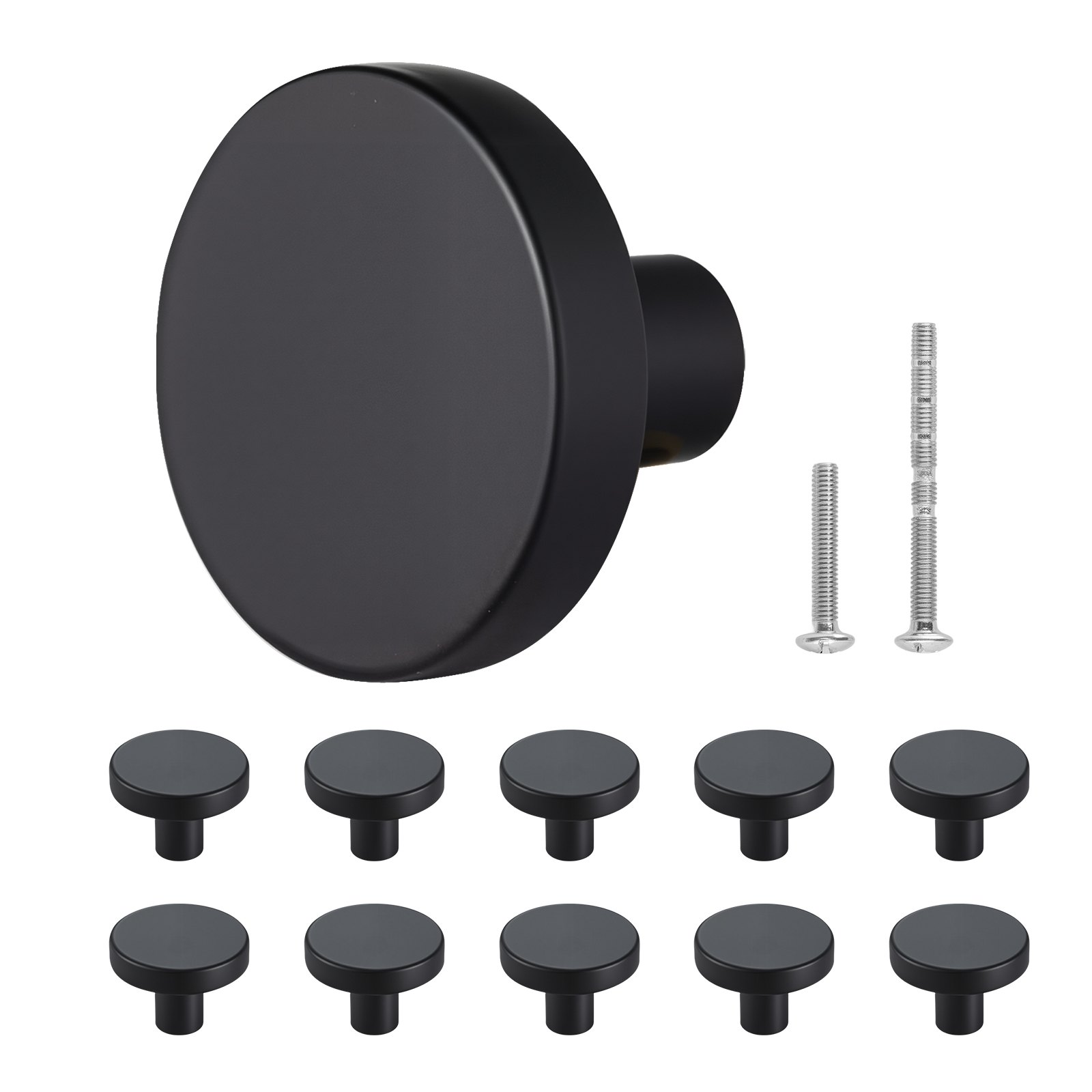 Cabinet Knobs, 10 Pack, 1.26 Inch Black Zinc Alloy Drawer Pu