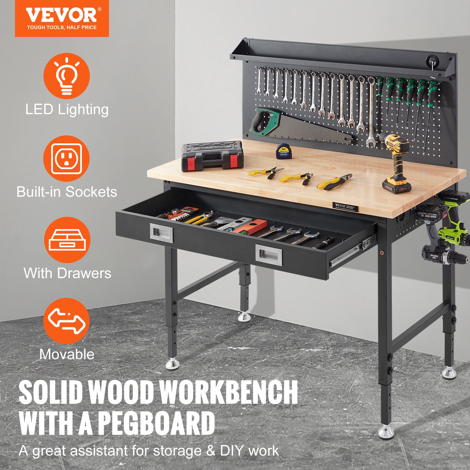 Workbench Adjustable Height 28-39.5" Work Bench for Garage Oak β photo 5