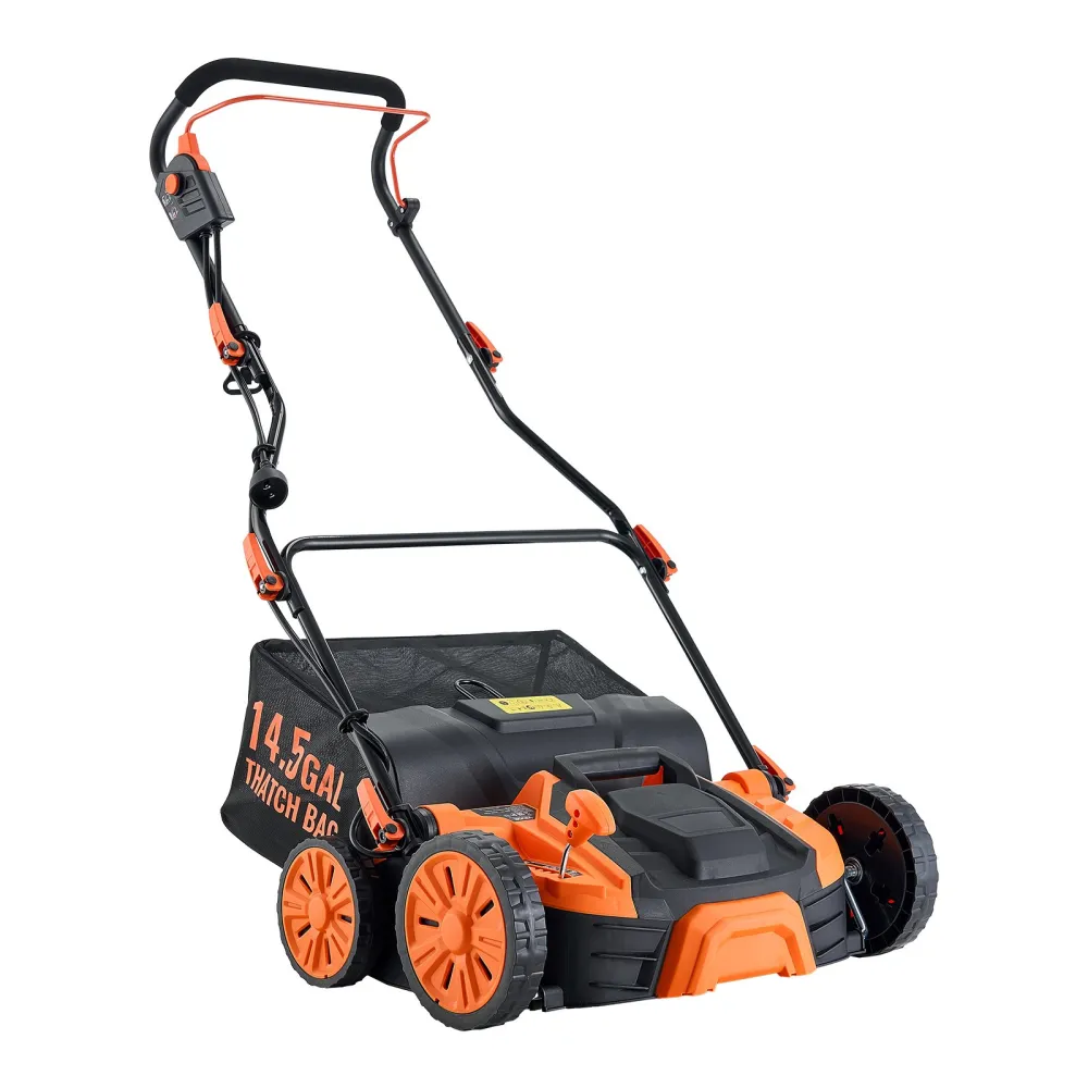 2-in-1 Electric Dethatcher And Scarifier, 16-Inch 15 Amp, Corded Lawn Dethatcher With 14.5-Gallon Thatch Collection Bag, 5-Position Depth Adjustment, Walk Behind Machine For Garden Yard Grass
