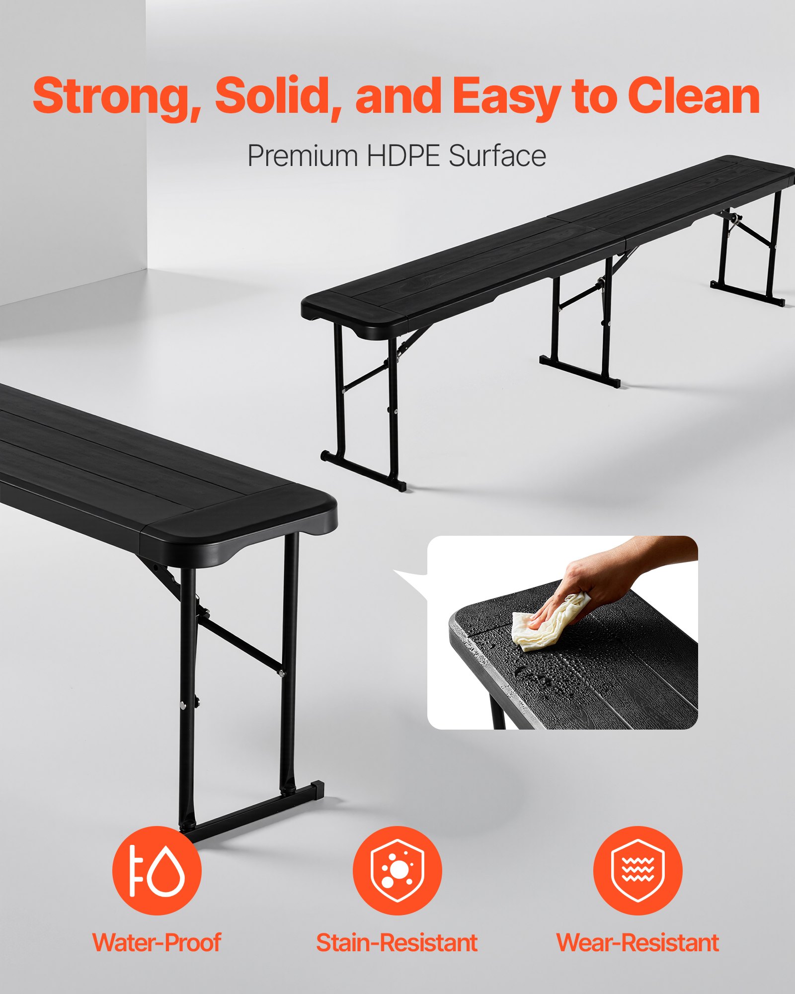 Plastic Folding Bench, 6 Ft Portable Bench For Outdoor Picnic Party Camping Dining, Foldable Smooth HDPE Seat For Garden Soccer Multipurpose Entertaining Activities, 2 Pack, 2 Carry Bags, Black_voghion.com