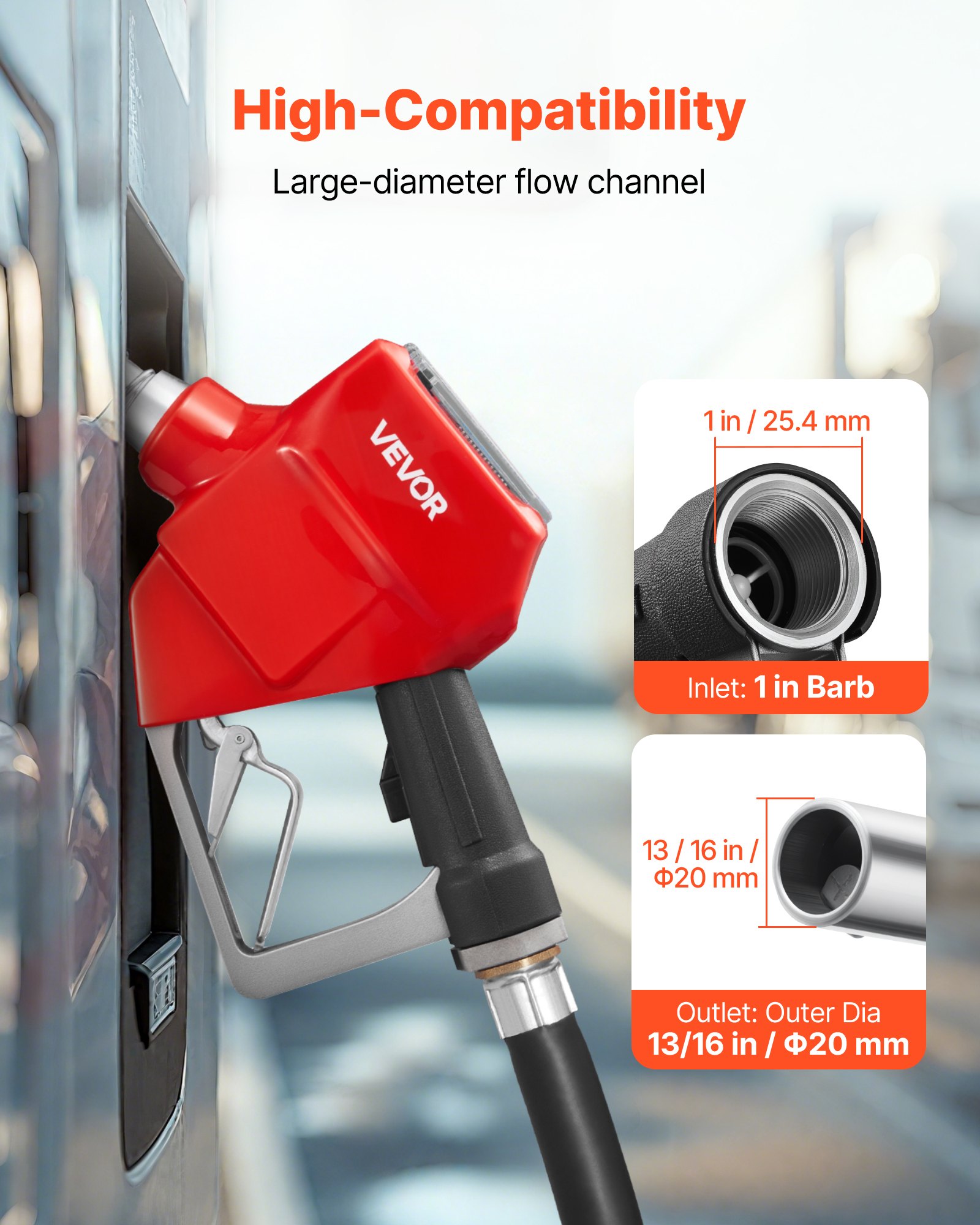 1 Inch Barb Digital Fuel Nozzle With Swivel, Max Flow Rate 12.6 GPM, Auto Shut Off Diesel Gas Pump Nozzle With 3/16 In (OD=20 Mm) Spout & Digital Display, Used For Gasoline, Diesel, Kerosene Red