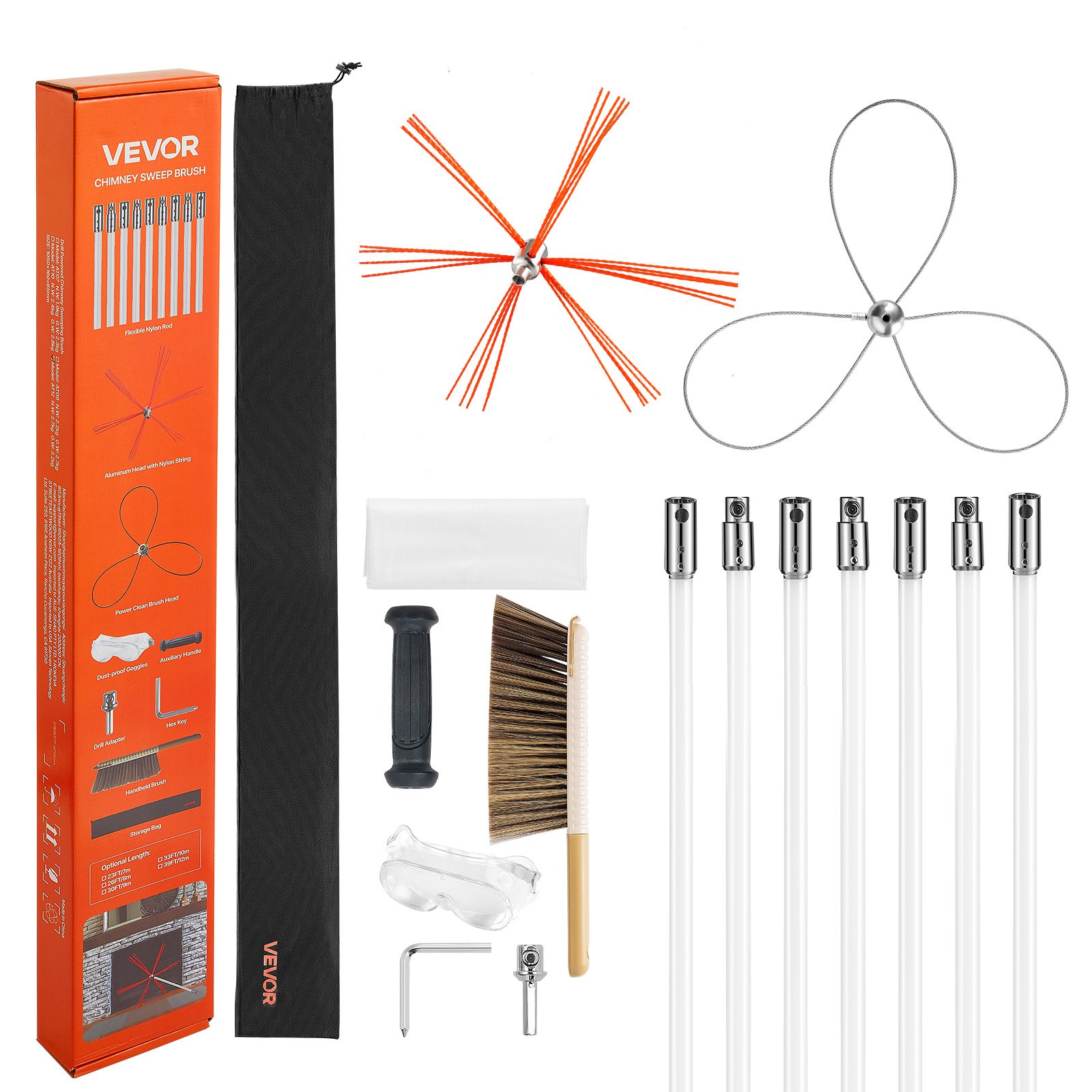 Chimney Sweep Kit, 23 Ft Maximum Extendable Length Chimney Brush, Chimney Cleaner Sweeper With Dual Brush Heads, Brush & Goggles, Fireplace Cleaning Tool For Square, Rectangle, Arch Chimneys