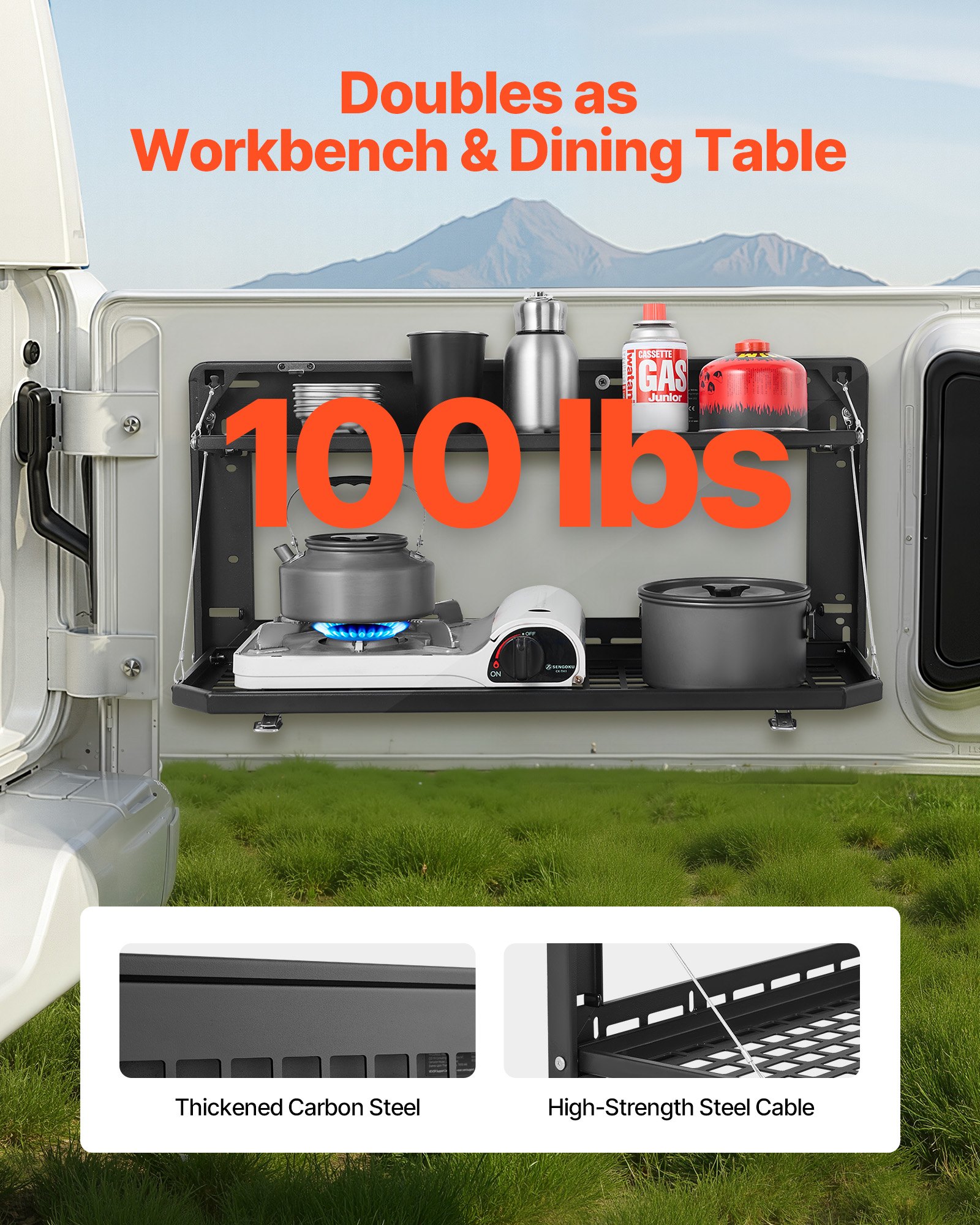 Tailgate Table, For 2007-2024 Jeep Wrangler JK, 100 Lbs, Carbon Steel Foldable Molle Panel Double-Layer Drop Down Table, Rear Cargo Storage Rack Shelf Luggage Holder Carrier Camping Accessories