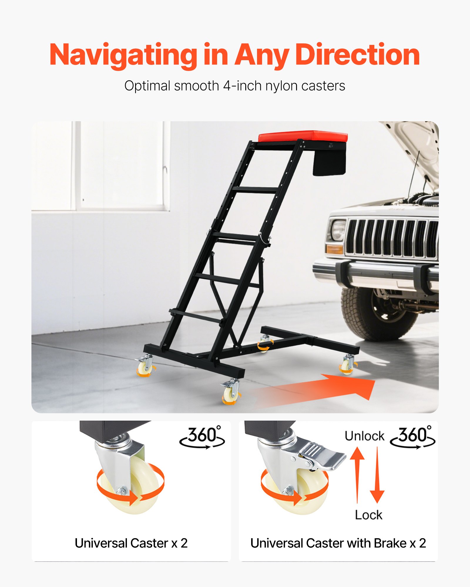 Top Automotive Creeper, Engine Creeper With Adjustable Height 45.7" To 66.3", 400 LBS Capacity High Creeper, 4 Swivel Caster Wheels, Heavy Duty  Creeper For Auto Repair And Maintenance