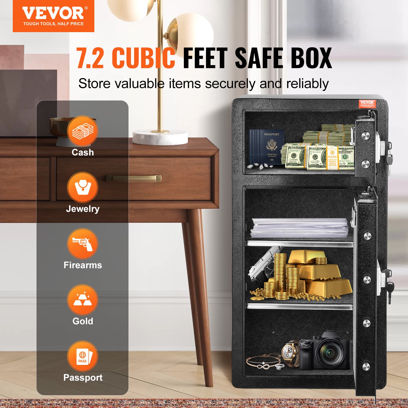Double Door 7.2 Cu.ft Safe Box With Key Lock Password Cabinet Black,organize Cash, Passports, Jewelry, Gold, Watches And Documents