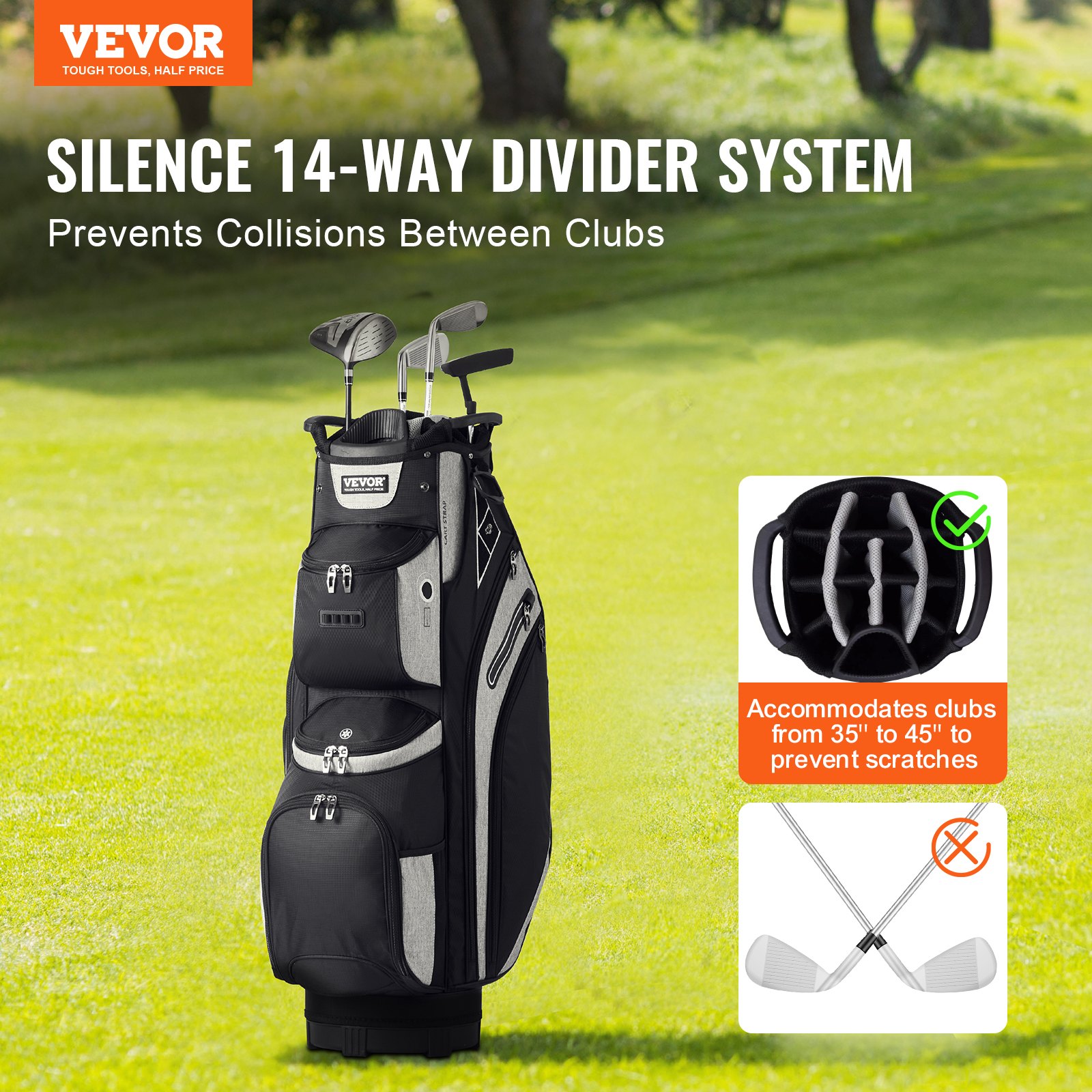 Golf Cart Bag With 14 Way Organizer Divider Top, 36” 13 Pockets Premium Cart Bag, Durable Golf Bags With Handles & Dust Cover & Detachable Straps For Men & Women, Black Color-Block