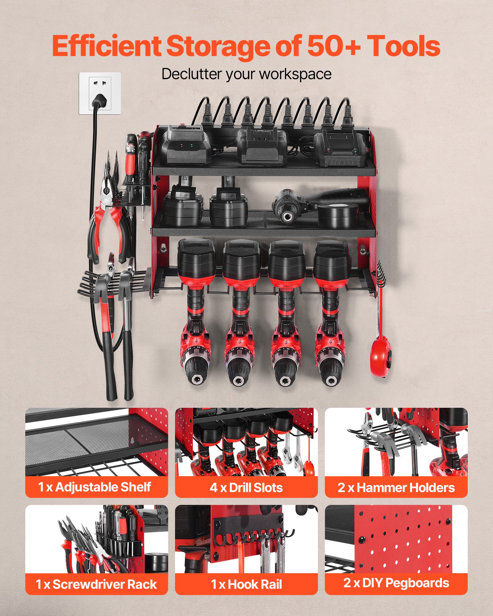 Power Tool Organizer With Charging Station, 3-Layer Drill Storage Rack With 4 Drill Holders & Side Pegboard, Garage Tool Organizer Built In 8 Outlet Power Strips For Garage, Workbench, Workshop image 4