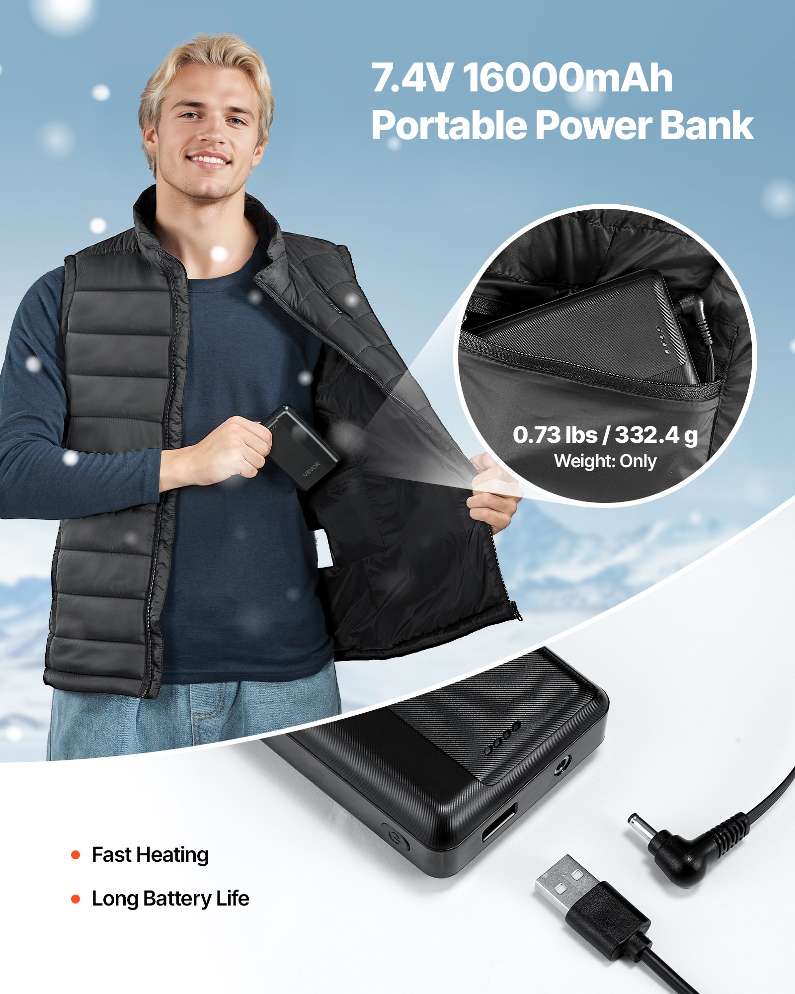 Heated Vest, Men Electric Heating Vest With 16000 MAh Battery Pack, 8 Heating Zones Lightweight Rechargeable Winter-Vest With 3 Levels, For Outdoor Hiking Camping Fishing Skiing, Size M