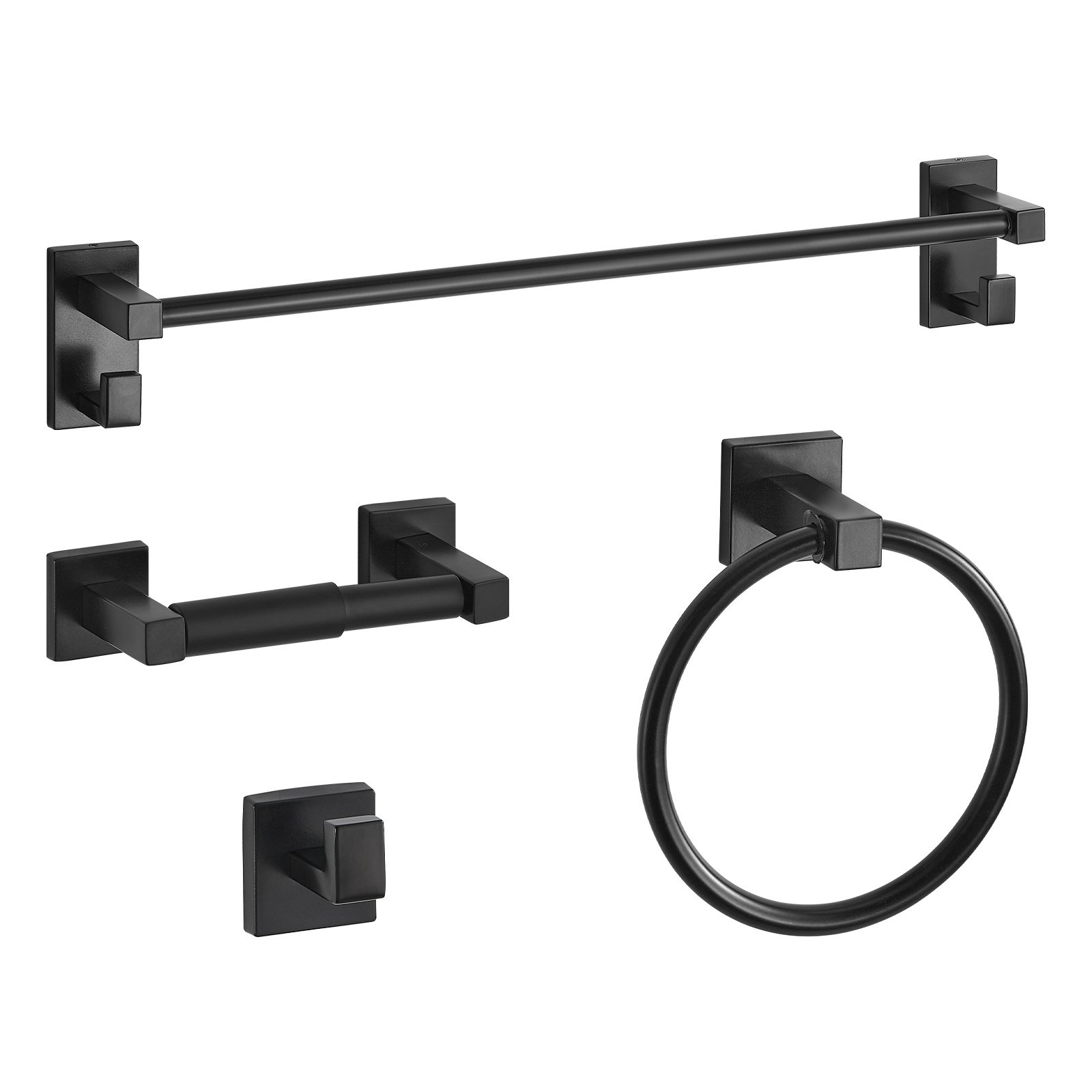 Matte Black Bathroom Hardware Set, 4 Pieces Stainless Steel Bathroom Accessories Set, 24-inch Towel Bar, Towel Ring, Robe Towel Hook, Toilet Paper Holder, For Bath Room, Wall Mounted - Image 1