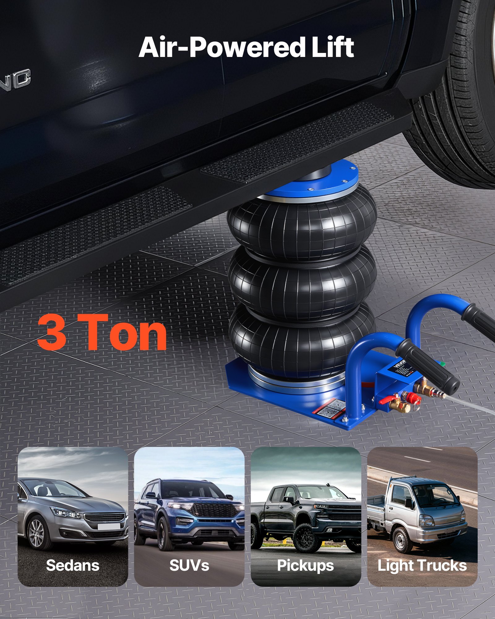 Air Jack, 3 Ton/6613 Lbs Triple Bag Air Jack, Airbag With Six Steel Pipes, Lift Up To 17.7 Inch/450 Mm, 1-6 S Fast Lifting Pneumatic With Short Handles For Car, SUV, Pickup Truck Repair, Garage