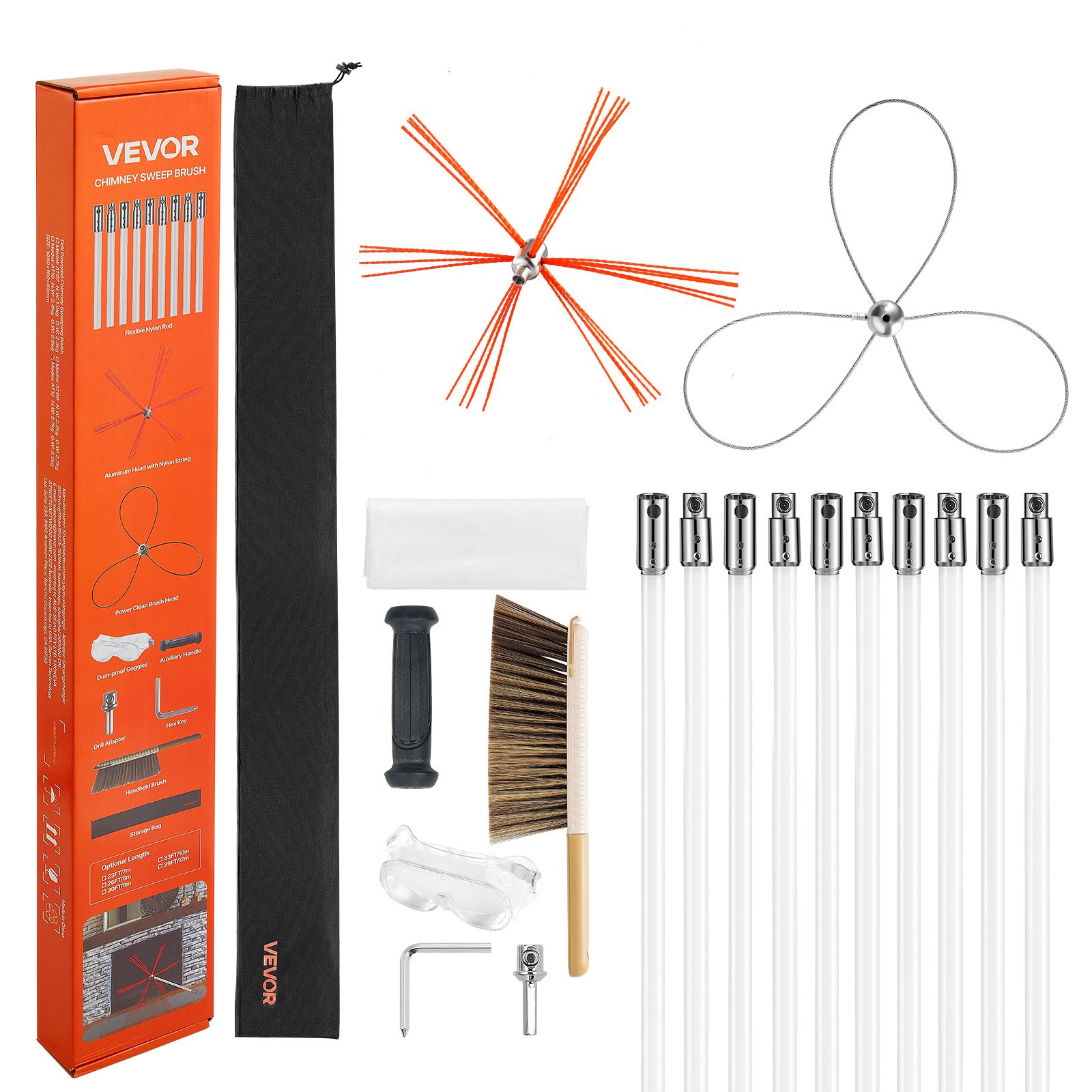 Chimney Sweep Kit, 33 Ft Maximum Extendable Length Chimney Brush, Chimney Cleaner Sweeper With Dual Brush Heads, Brush & Goggles, Fireplace Cleaning Tool For Square, Rectangle, Arch Chimneys